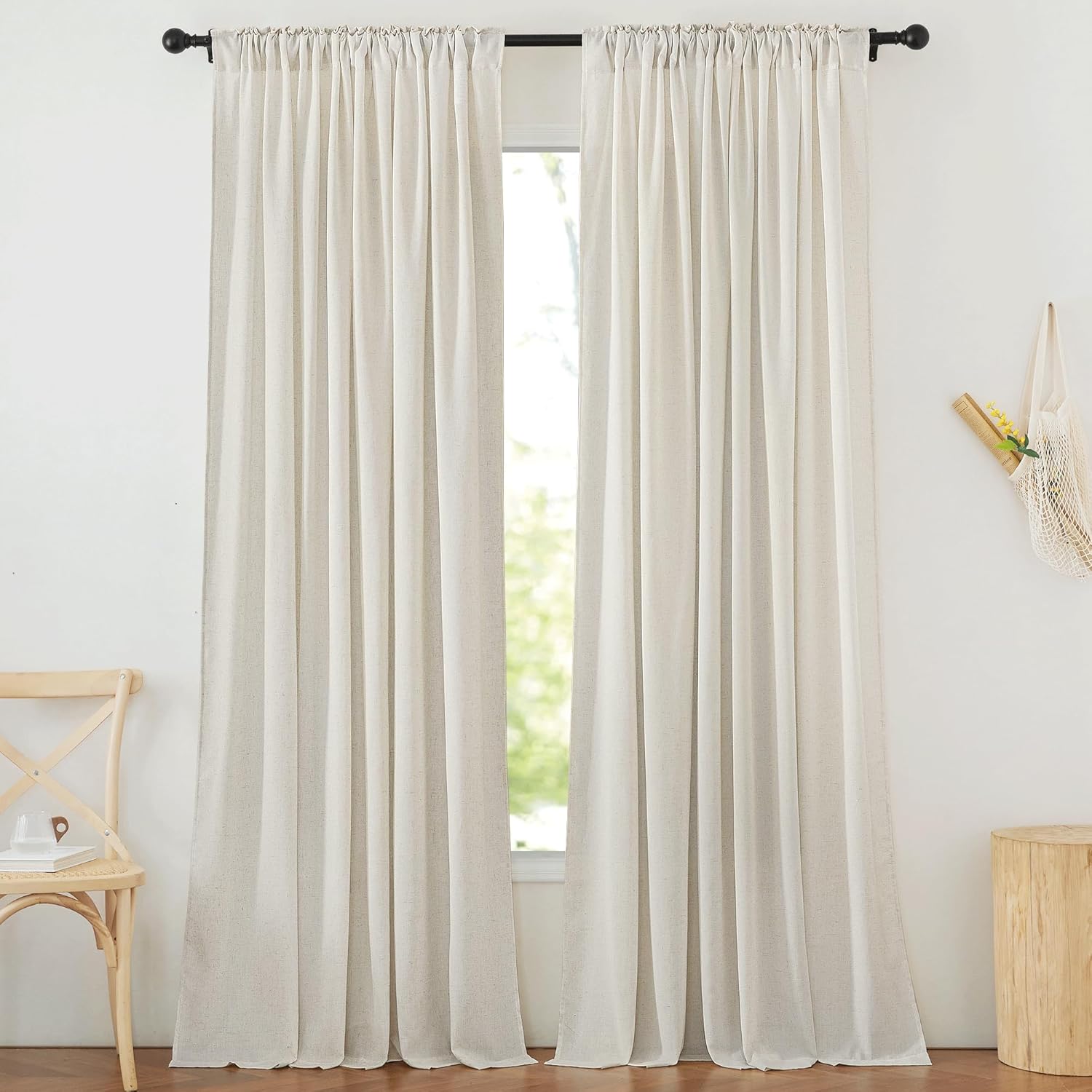 NICETOWN Flax Linen Living Room Curtains 95 inches Long, Rod Pocket & Back Tab Semi Sheer Drapes Privacy Added with Light Filtering for Bedroom/Living Room, Natural, W68 x L95, 2 Panels - Image 3