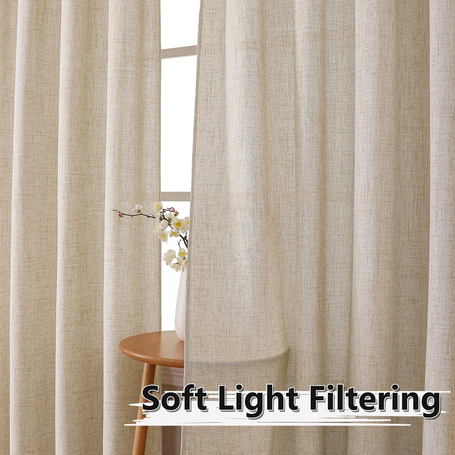 Alternative view of Tollpiz Short Linen Curtains Bedroom Rod Pocket Semi Sheer Curtain Burlap Light Filtering Thick Linen Drapes for Living Room, 38 x 45 inches Long, Natural, Set of 2 Panels