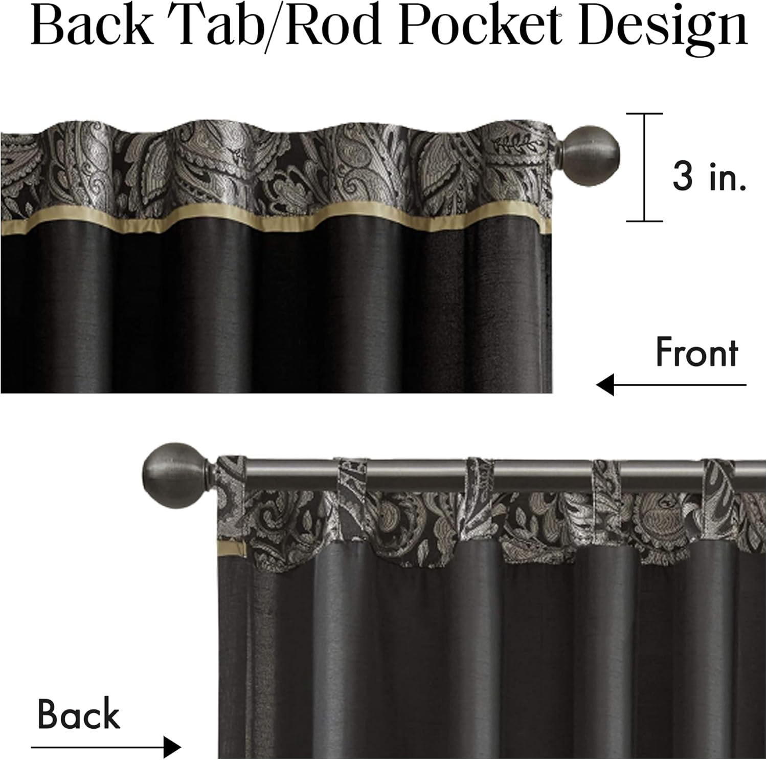 Madison Park Aubrey 2 Panel Curtain Faux Silk Paisley Jacquard, Rod Pocket Curtain For Living Room, Kitchen, Room Darkening Window Drape for Bedroom and Dorm, 2-PK 50x84", Black