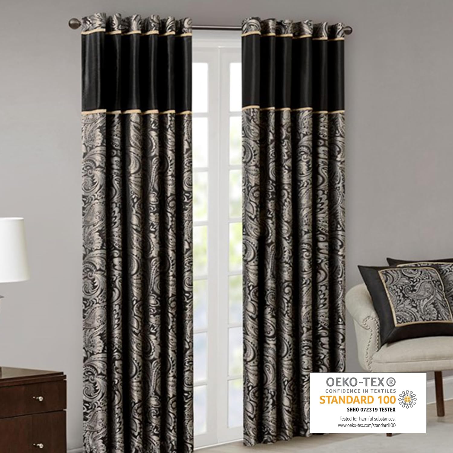 Alternative view of Madison Park Aubrey 2 Panel Curtain Faux Silk Paisley Jacquard, Rod Pocket Curtain For Living Room, Kitchen, Room Darkening Window Drape for Bedroom and Dorm, 2-PK 50x84", Black