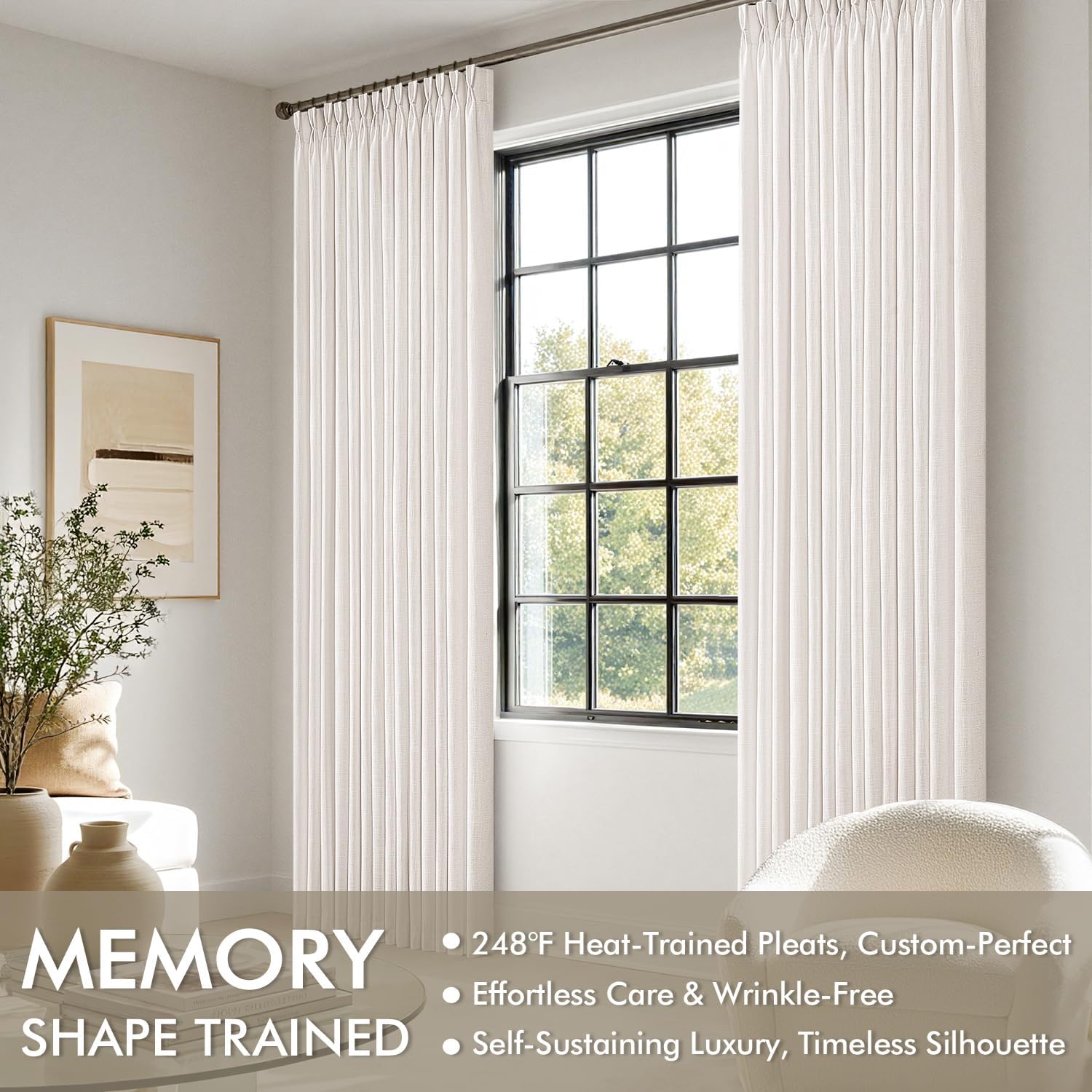 Alternative view of MIULEE Pinch Pleated Thick Linen Curtains 90 Inches Long 2 Panels for Living Room Bedroom, Memory Trained Pinch Pleat Drapes Back Tab Light Filtering Natural Ivory Cream Window Curtains with Hooks