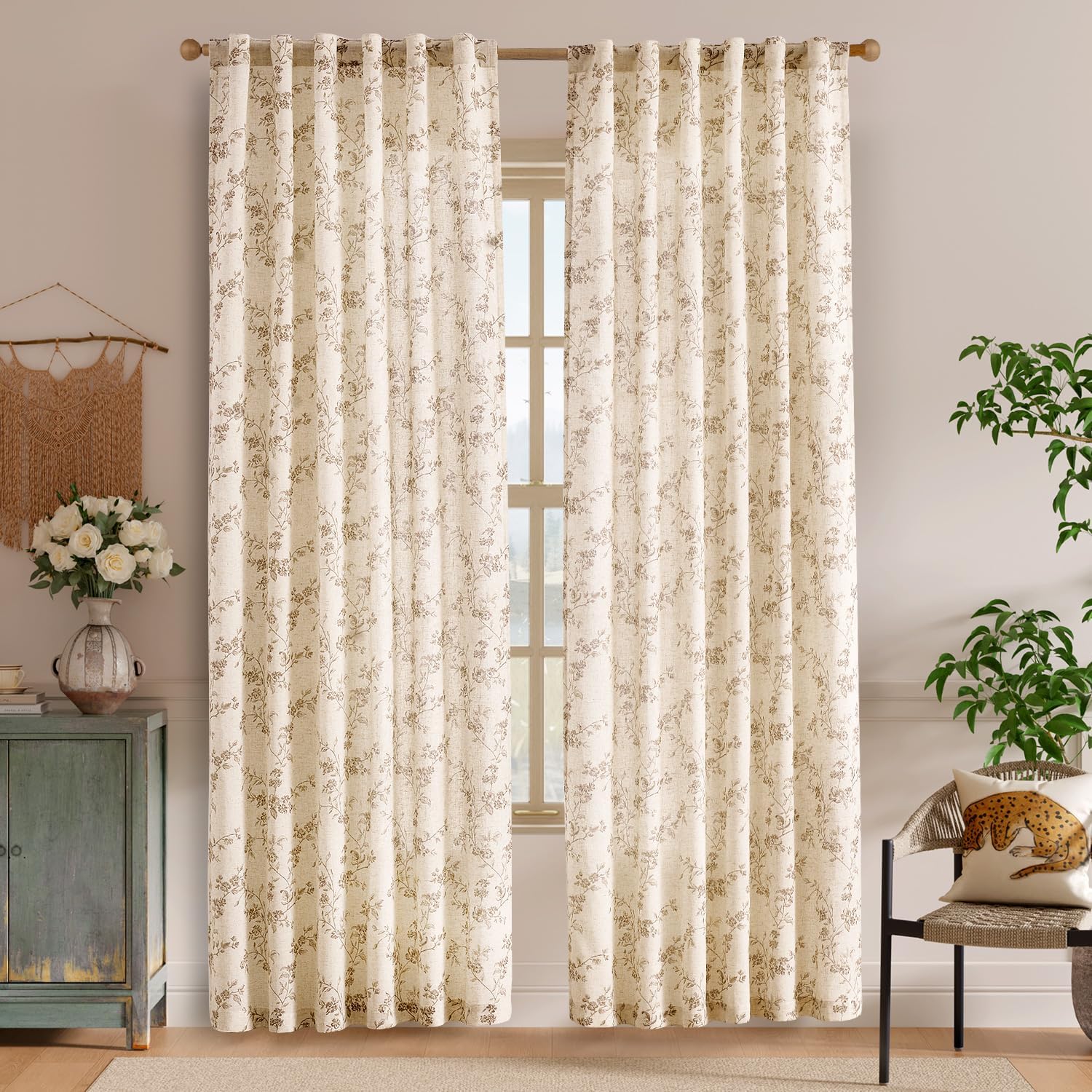 Lazzzy 90 Inch Curtain for Living Room Taupe Floral Drapes Linen for Bedroom Dining Room Farmhouse Vintage Light Filtering Curtains Rod Pocket Back Tab, 2 Panels Set, Taupe on Beige