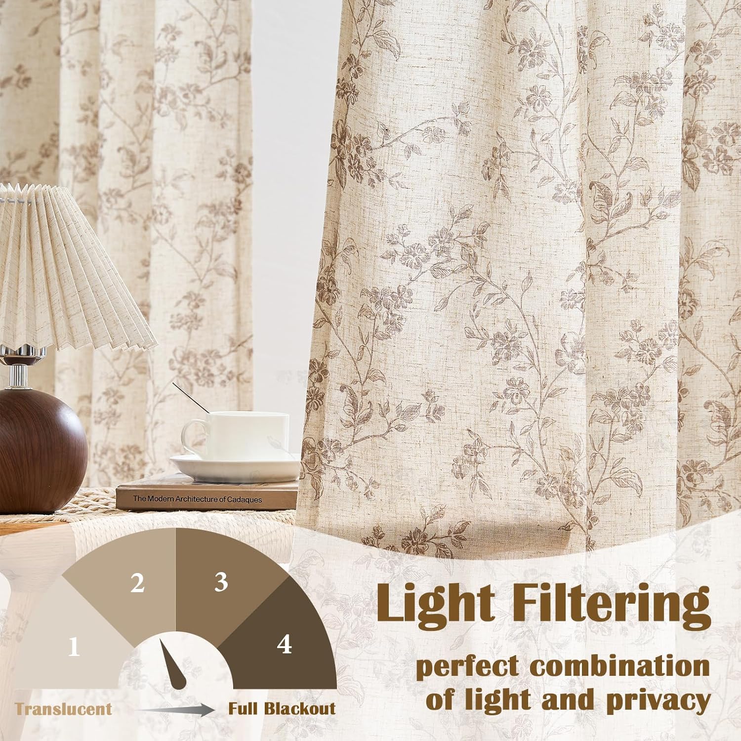 Alternative view of Lazzzy 90 Inch Curtain for Living Room Taupe Floral Drapes Linen for Bedroom Dining Room Farmhouse Vintage Light Filtering Curtains Rod Pocket Back Tab, 2 Panels Set, Taupe on Beige