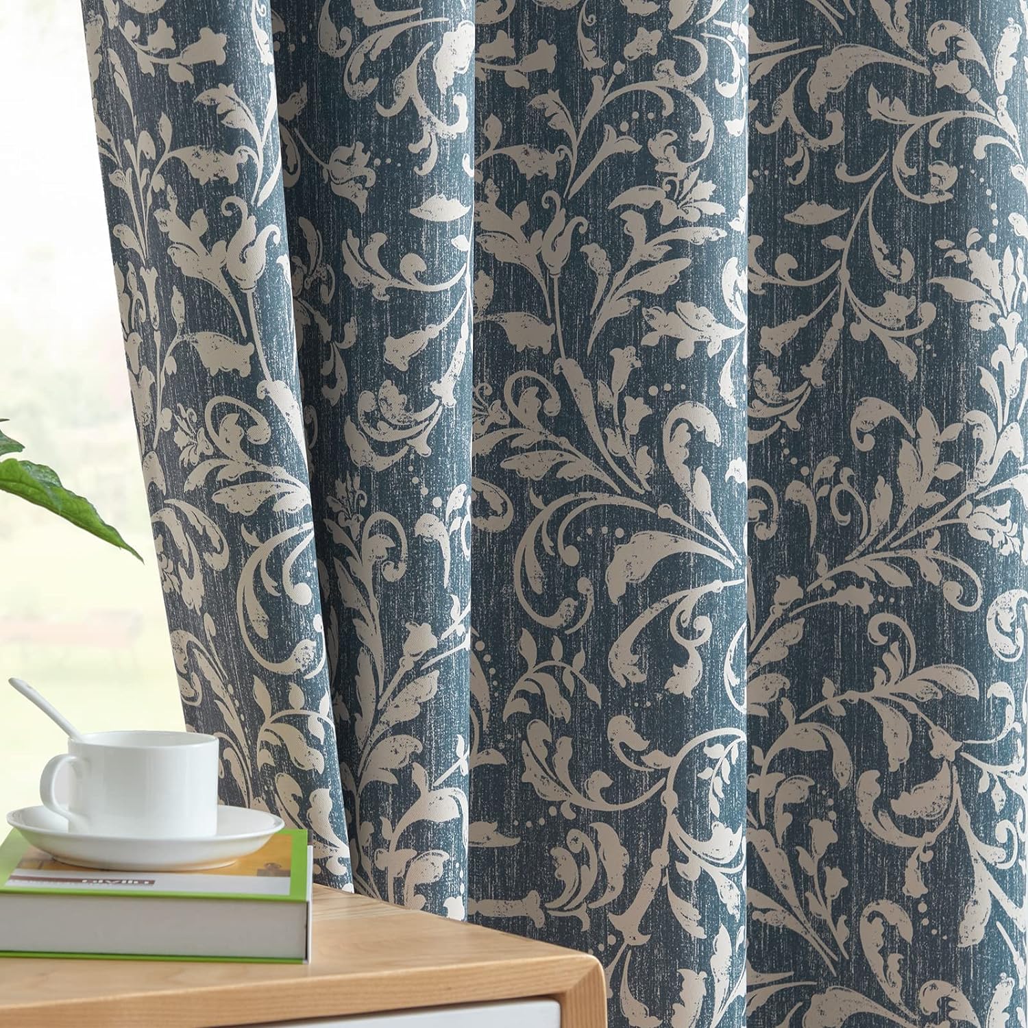 Alternative view of jinchan 80% Blackout Curtains for Living Room, Farmhouse Drapes with Scroll Floral Patterned for Bedroom, Grommet Top Thermal Insulated Curtains, Vintage Country Drapes 84 inch Length 2 Panels Blue