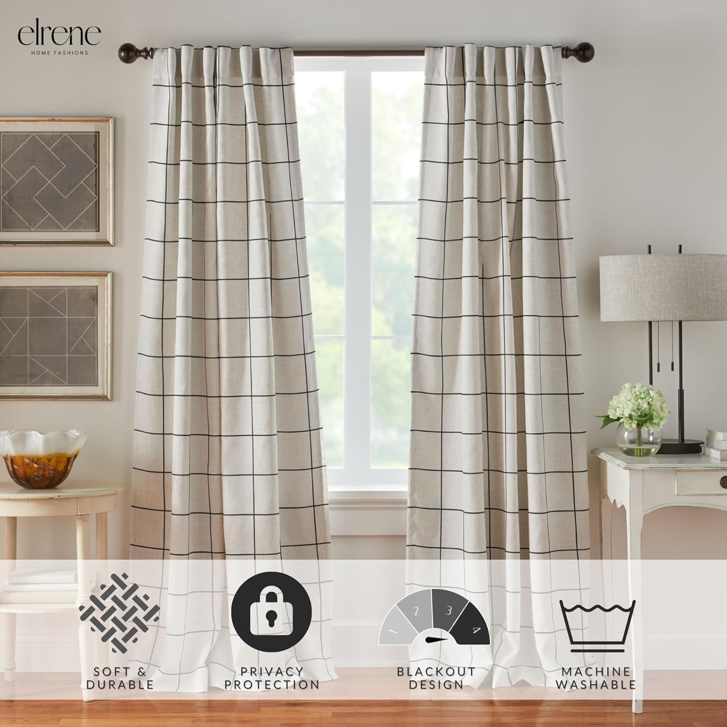 Elrene Home Fashions Brighton Windowpane Plaid Blackout Window Curtain, Living Room and Bedroom Drape with Rod Pocket Tabs, 52" x 95", 1 Panel, Black