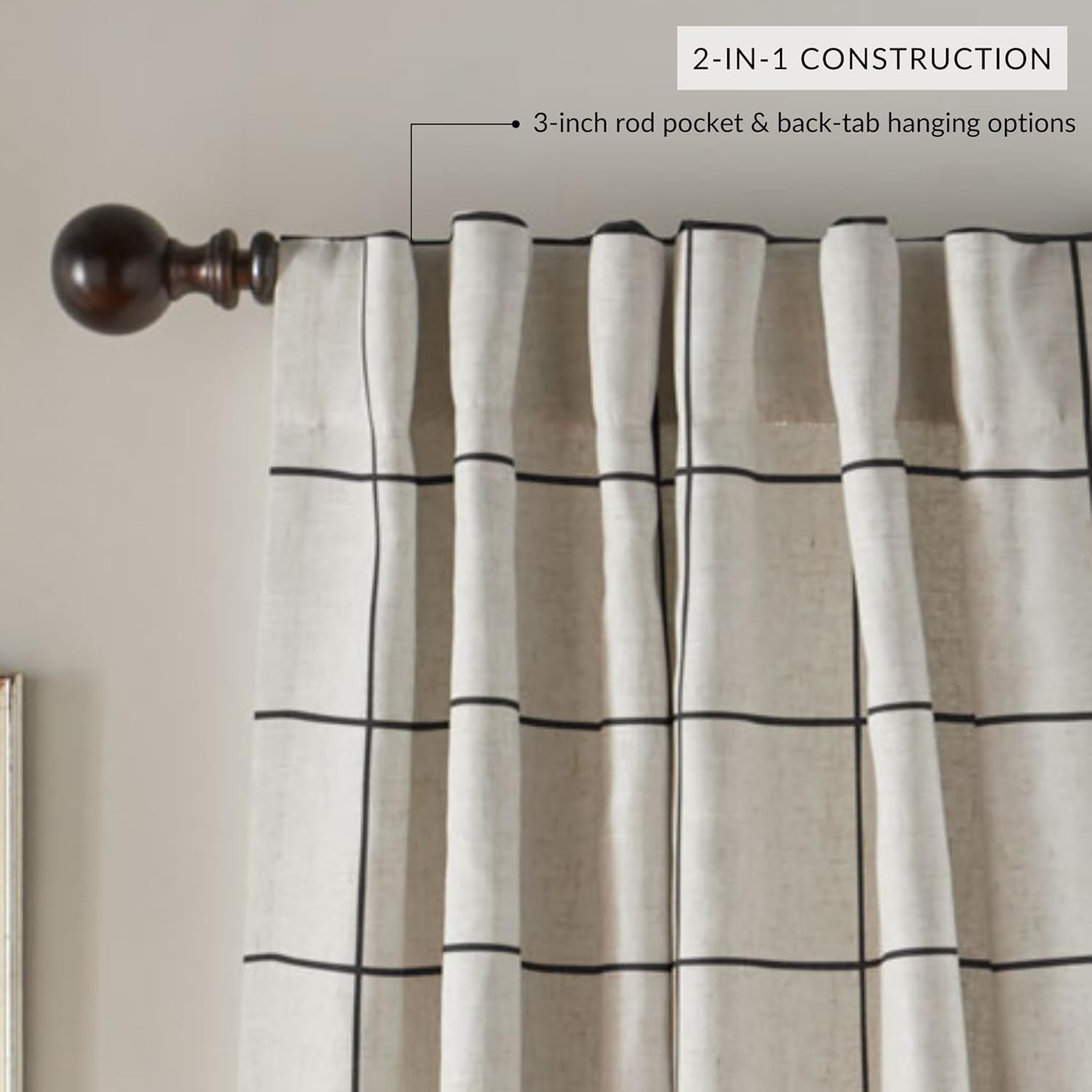 Alternative view of Elrene Home Fashions Brighton Windowpane Plaid Blackout Window Curtain, Living Room and Bedroom Drape with Rod Pocket Tabs, 52" x 95", 1 Panel, Black