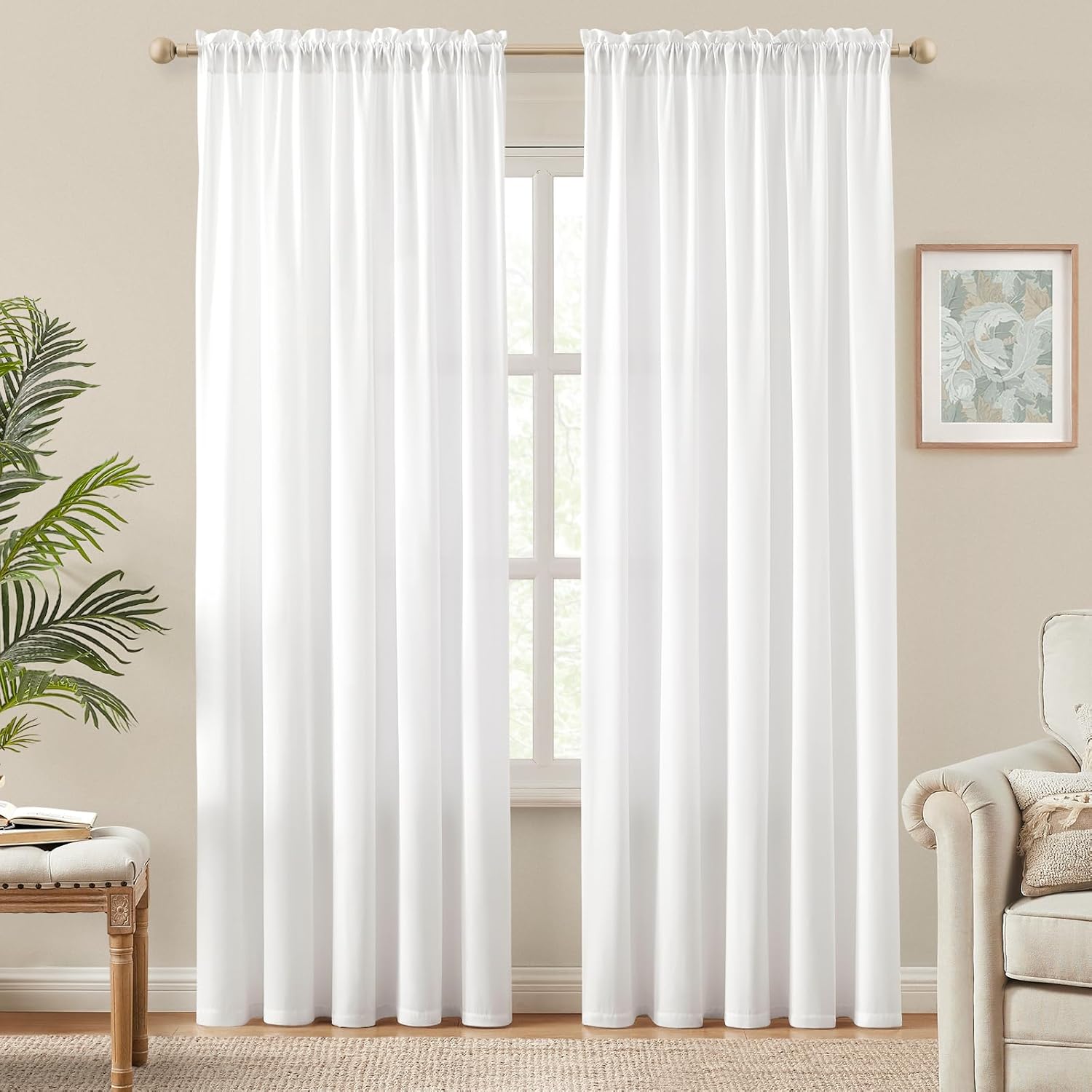 HOMEIDEAS Non-See-Through White Privacy Semi Sheer Curtains 72 Inches Long 2 Panels Set Light Filtering Curtains for Living Room Bedroom Drapes,W52xL72