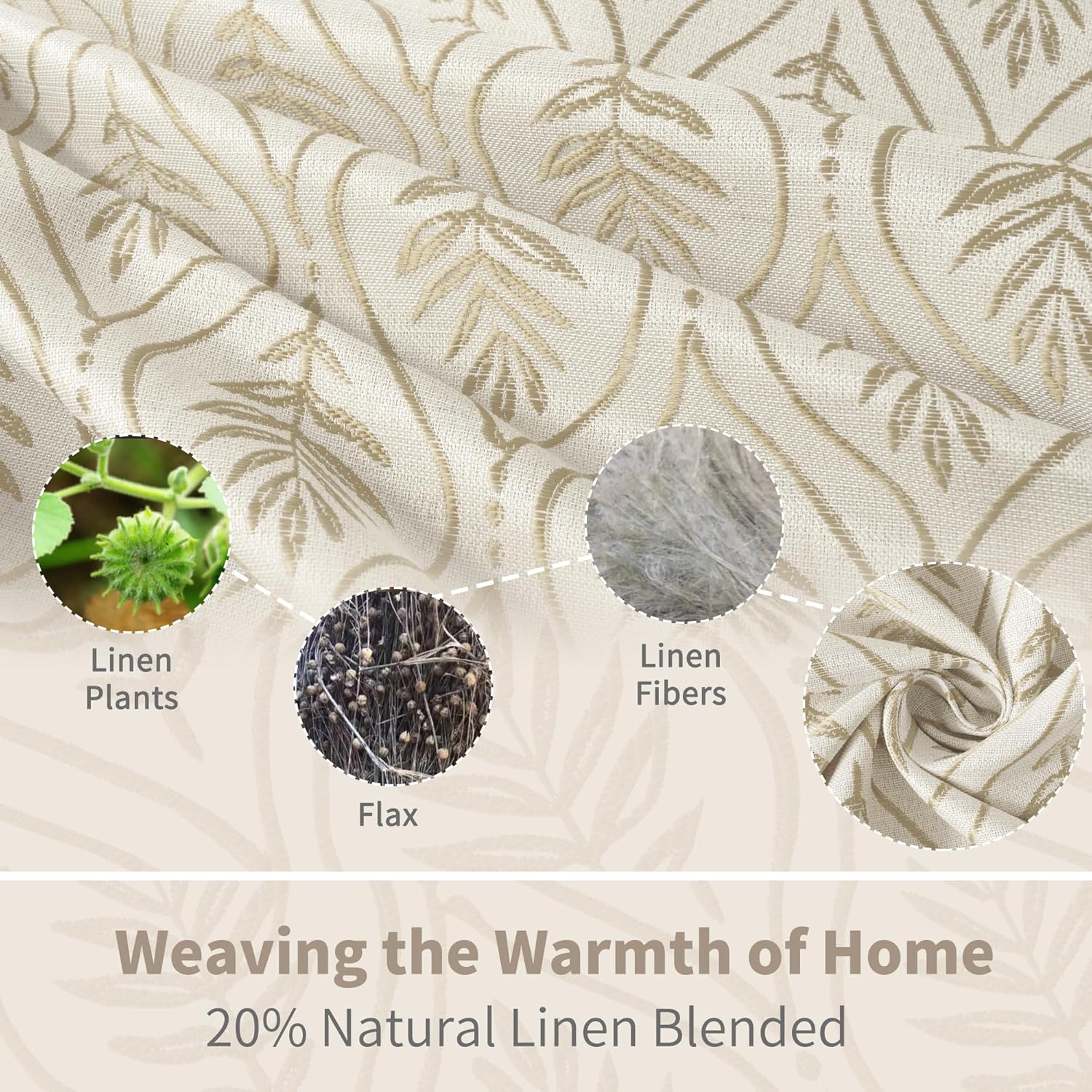 Alternative view of BGment Beige Linen Curtains for Living Room, French Country Leaf Jacquard Botanical Pattern Cottage Core Boho Vintage Grommet Light Filtering Semi Sheer Linen Curtains, 2 Panels, 52 x 84 Inch