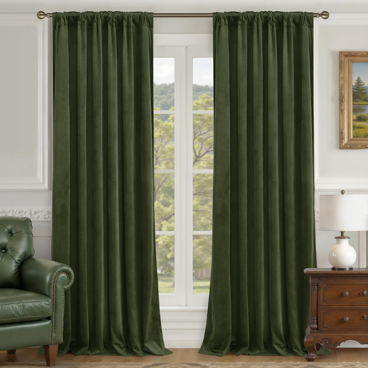 Alternative view of LAMIT Olive Green Velvet Curtains 84 Inch for Living Room, Luxury Thermal Insulated Blackout Curtains Room Darkening Back Tab and Rod Pocket Window Drapes for Bedroom, 2 Panels, 52 x 84 Inch