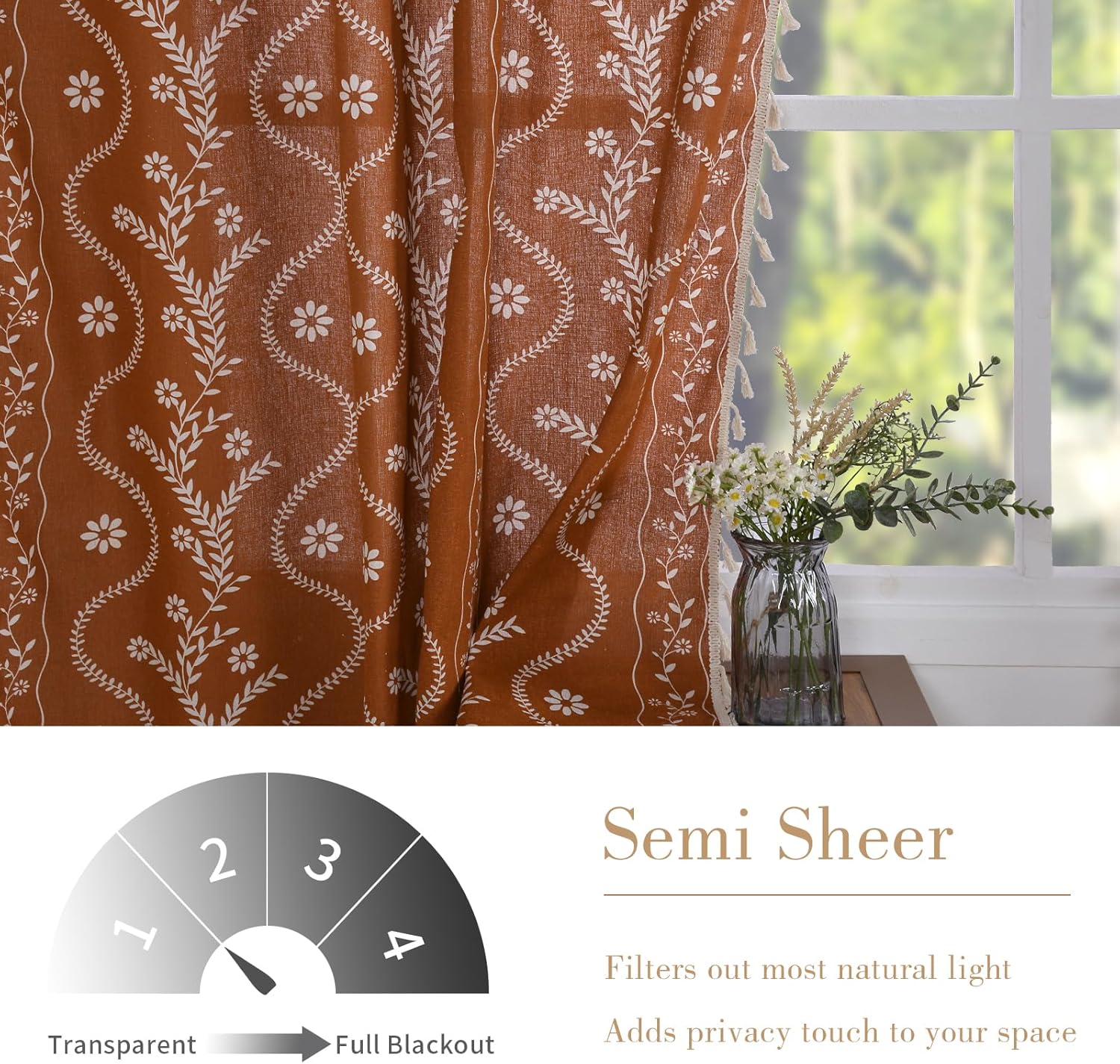 Alternative view of Schweek Terracotta Curtains 84 Inch Length Boho Farmhouse Curtains for Living Room 2 Panels, Linen Semi Sheer Vintage Farmhouse Printed Floral Burnt Orange Rustic Curtain Drapes