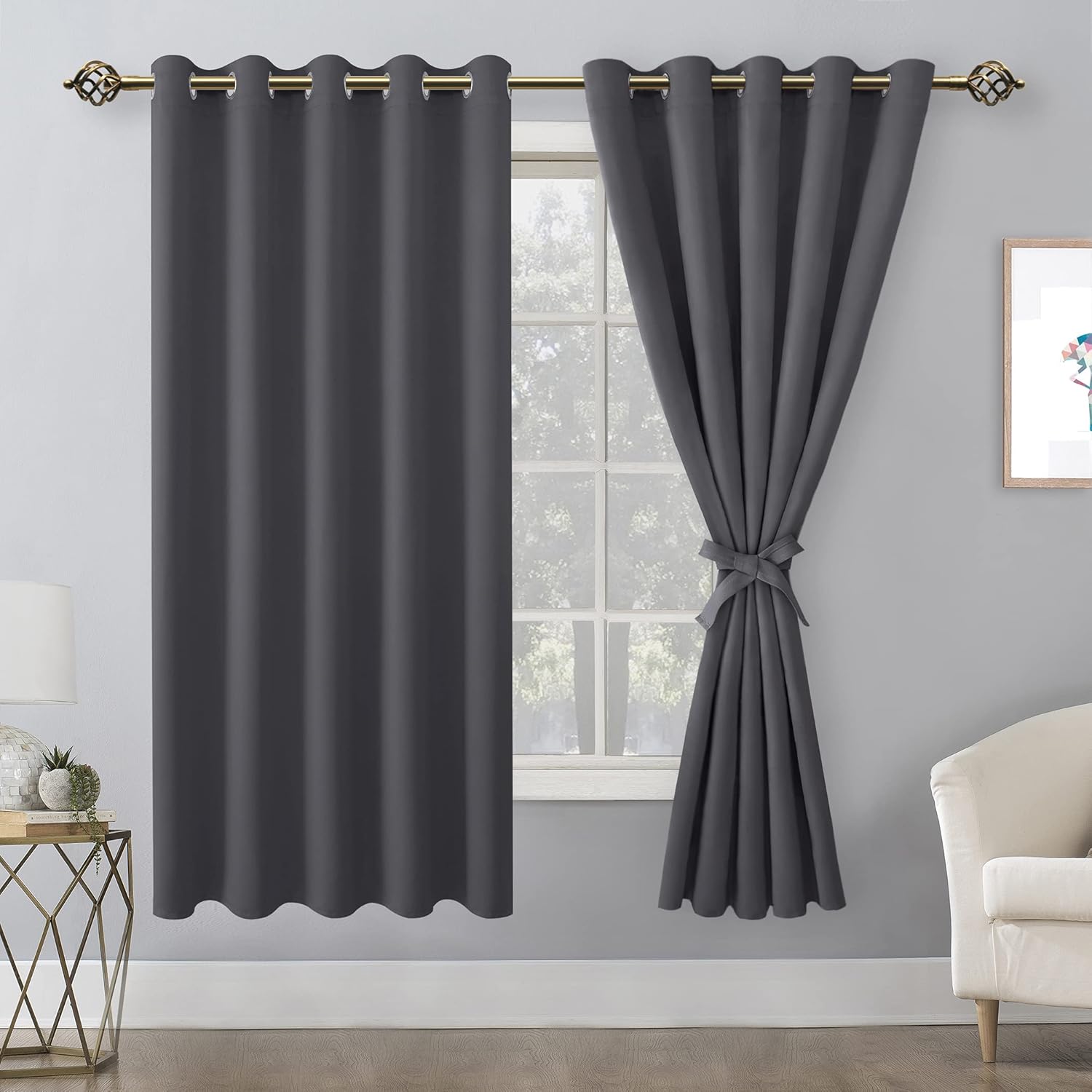 Hiasan Blackout Curtains for Bedroom, 60 x 63 Inches Length - Thermal Insulated & Light Blocking Window Curtains for Living Room, 2 Drape Panels Sewn with Tiebacks, Dark Grey