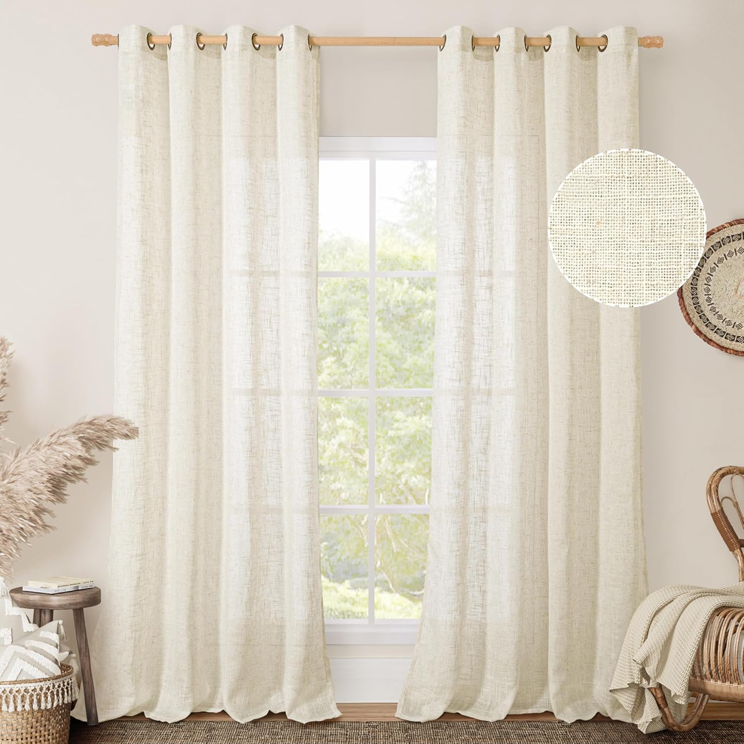 LAMIT Natural Ivory Linen Semi Sheer Curtains 84 inch Length, Cream Light Filtering Soft Thick Neutral Living Room Drapes with Bronze Grommet for Bedroom/Farmhouse, 2 Panels, 52 x 84 Inch