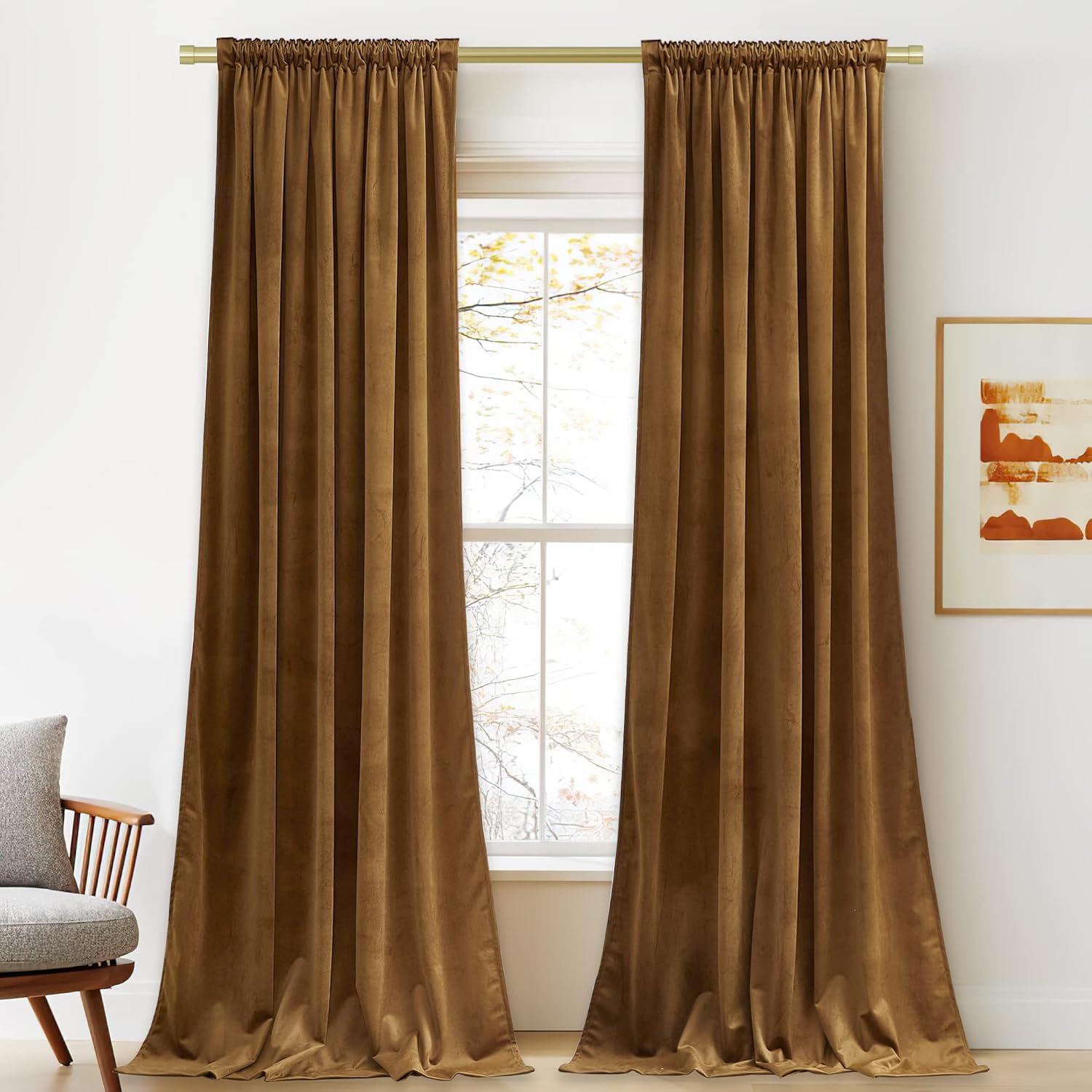 StangH Gold Brown Velvet Curtains 96 inches Long for Living Room, Luxury Back Tab Heavy Blackout Thermal Insulated Privacy Window Drapes for Bedroom/Sliding Door/Hall, W52 x L96, 2 Panels