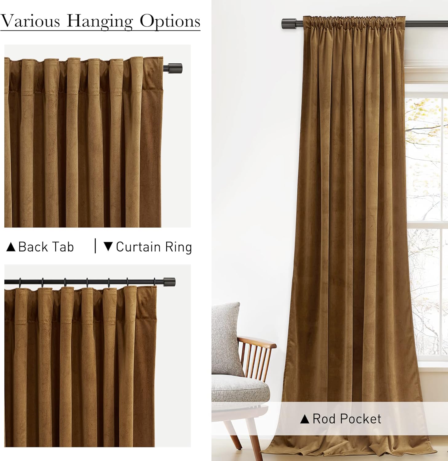 Alternative view of StangH Gold Brown Velvet Curtains 96 inches Long for Living Room, Luxury Back Tab Heavy Blackout Thermal Insulated Privacy Window Drapes for Bedroom/Sliding Door/Hall, W52 x L96, 2 Panels