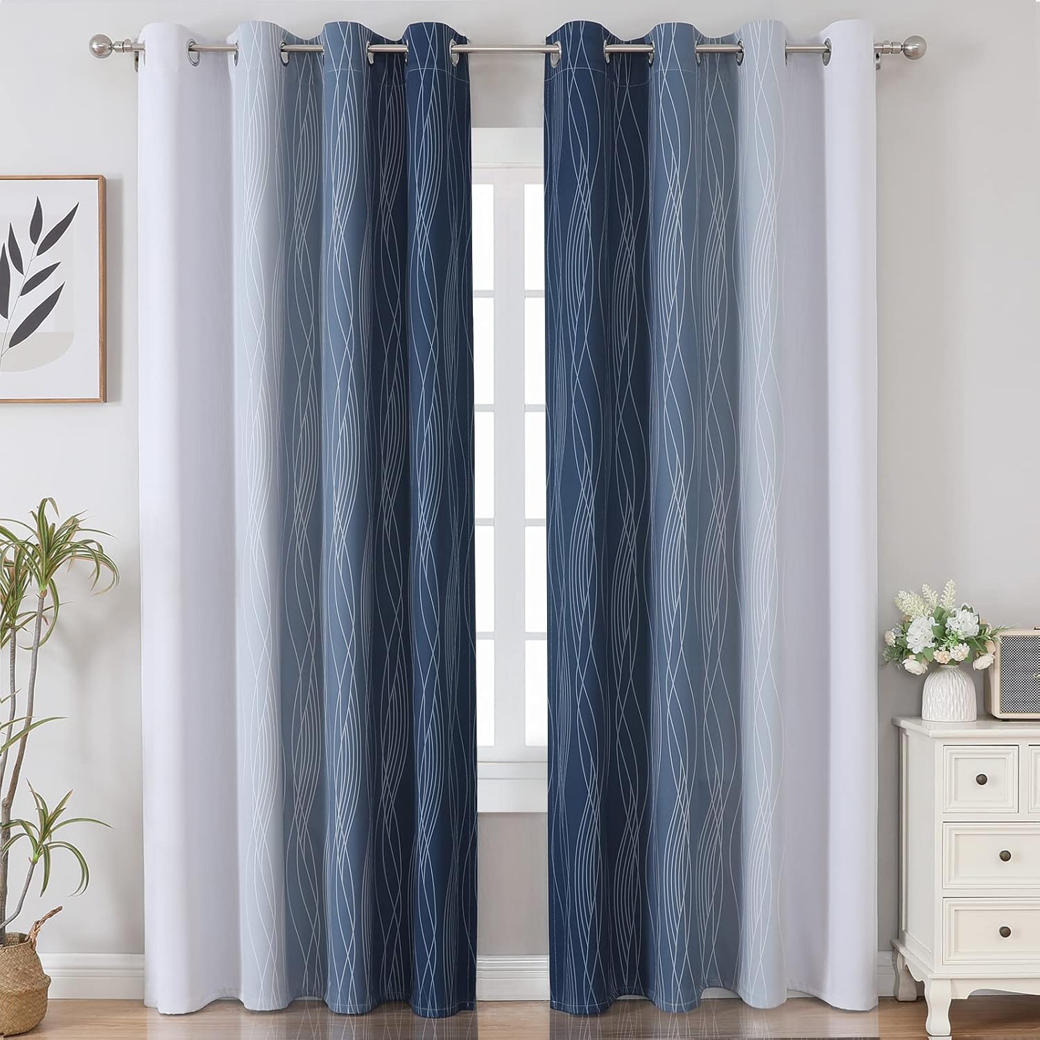 Alternative view of Estelar Textiler Navy Blue and Greyish White Blackout Curtains for Bedroom 84 Inches Long, Full Room Darkening Grommet Curtains for Living Room,Thermal Insulated Ombre Drapes,52Wx84L,2 Panels