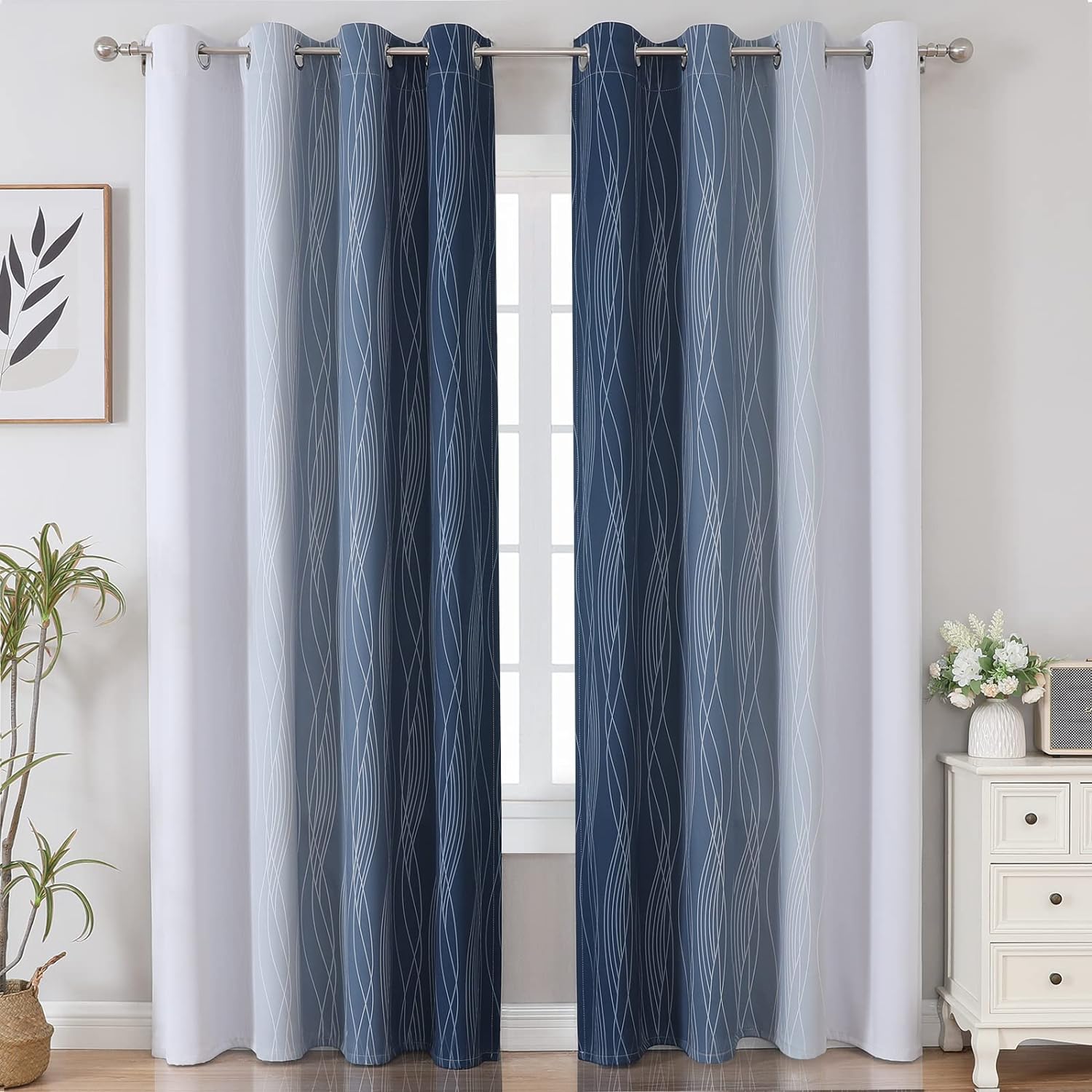 Alternative view of Estelar Textiler Navy Blue and Greyish White Blackout Curtains for Bedroom 84 Inches Long, Full Room Darkening Grommet Curtains for Living Room,Thermal Insulated Ombre Drapes,52Wx84L,2 Panels