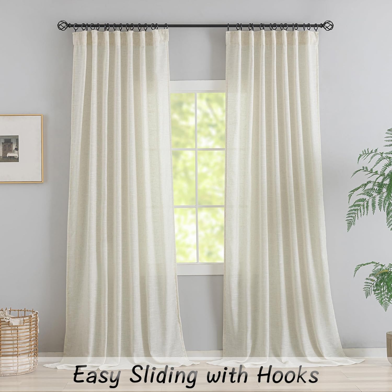 Alternative view of 120 Inches Extra Long Linen Curtains Living Room,1 Pair Back Tab Neutral Farmhouse Light Filtering Semi Sheer Boho Linen Curtains,Floor to Ceiling Large Window Patio Sliding Door 10 Feet Drapery,Cream
