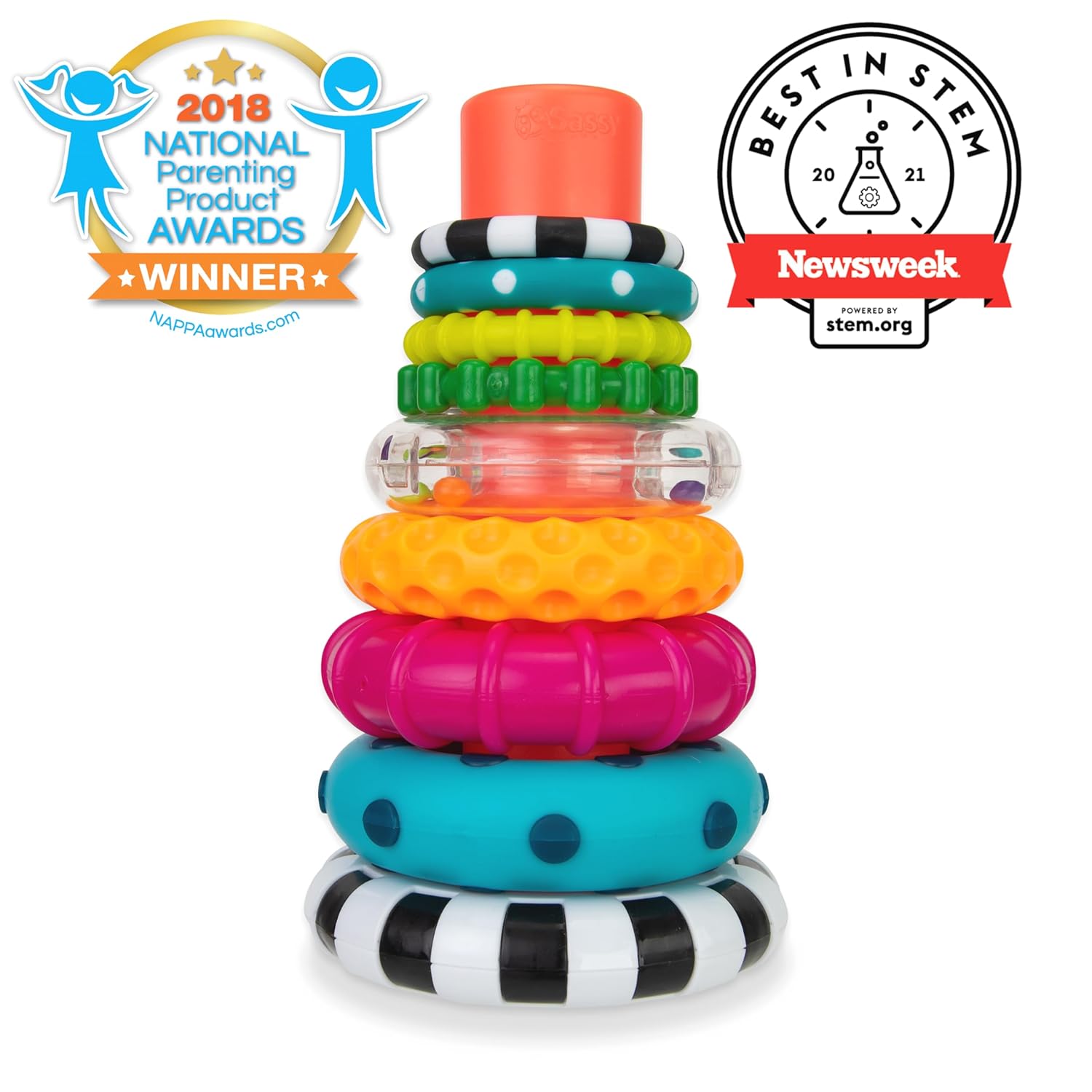 Sassy Stacks of Circles Stacking Ring STEM Learning Toy, Age 6+ Months, Multi, 9 Piece Set - Image 3