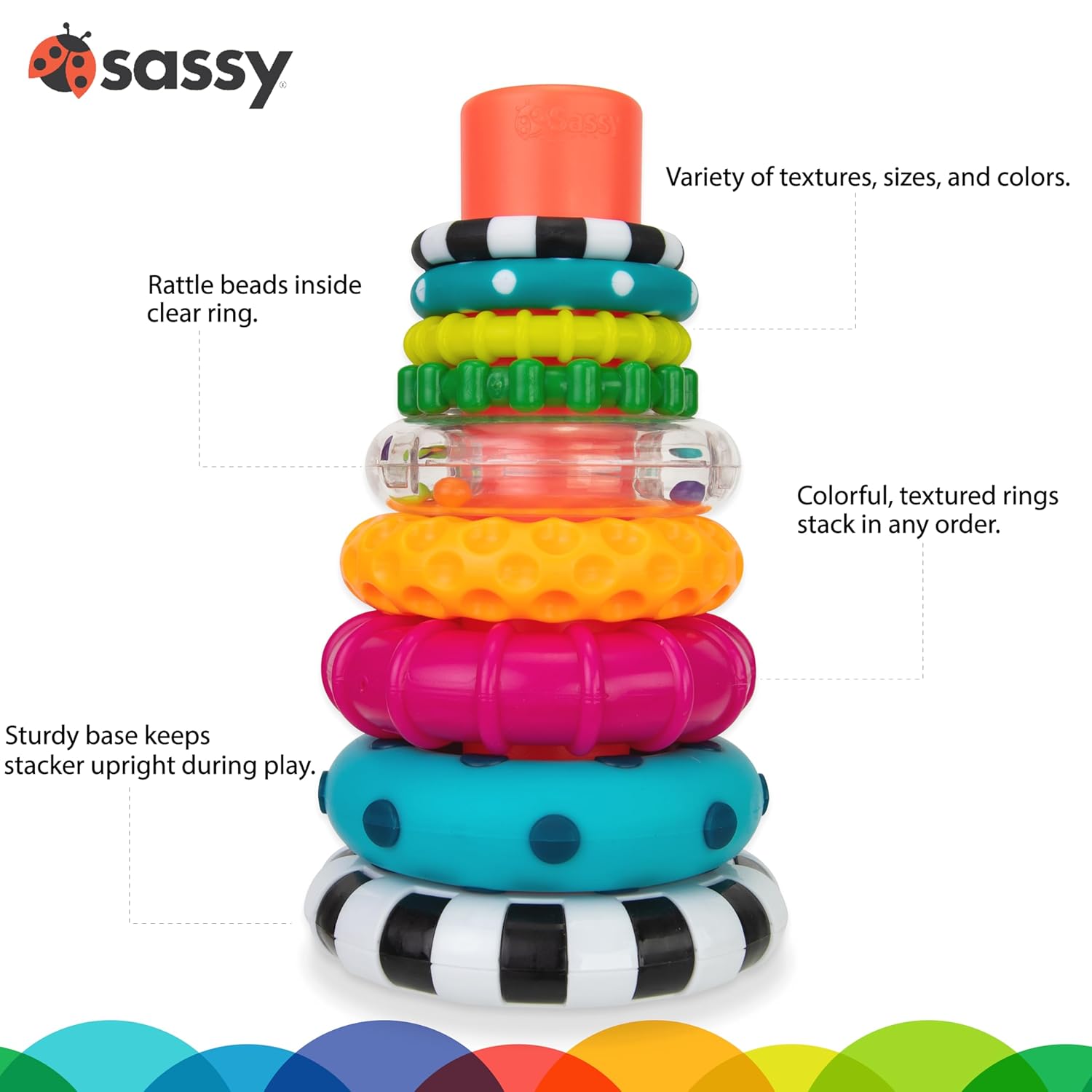 Sassy Stacks of Circles Stacking Ring STEM Learning Toy, Age 6+ Months, Multi, 9 Piece Set - Image 4