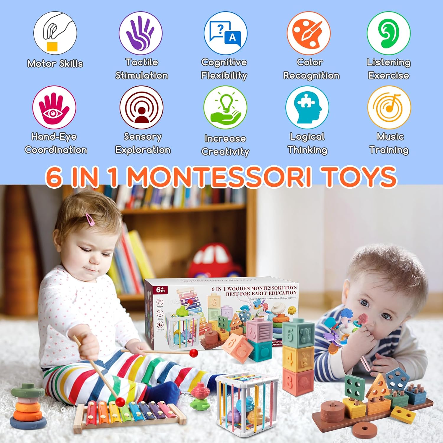 Wuzhineisn Montessori Baby Toy Sorting Stacking Learning Toys Wooden Building Blocks, Xylophone Musical, Infant Teethers Toys for Baby, 6 in 1 Toy Birthday Gifts for Toddlers