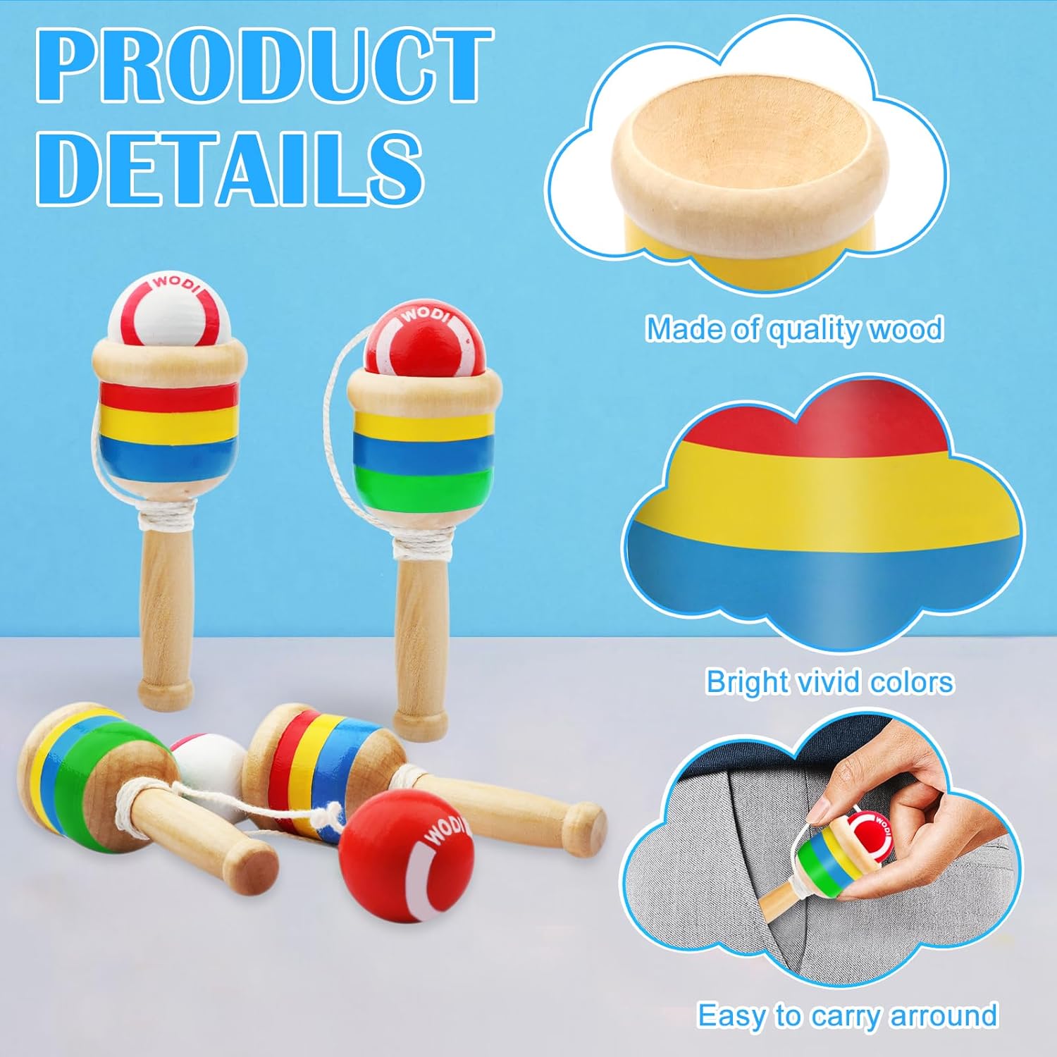 SAYAYA 3 Pieces Wooden Catch Ball, Paddle Balls with String Cup and Ball Game, Mini Wooden Vintage Hand Eye Coordination Education Supplies, Outdoor Camping Beach Party, White and Red - Image 3