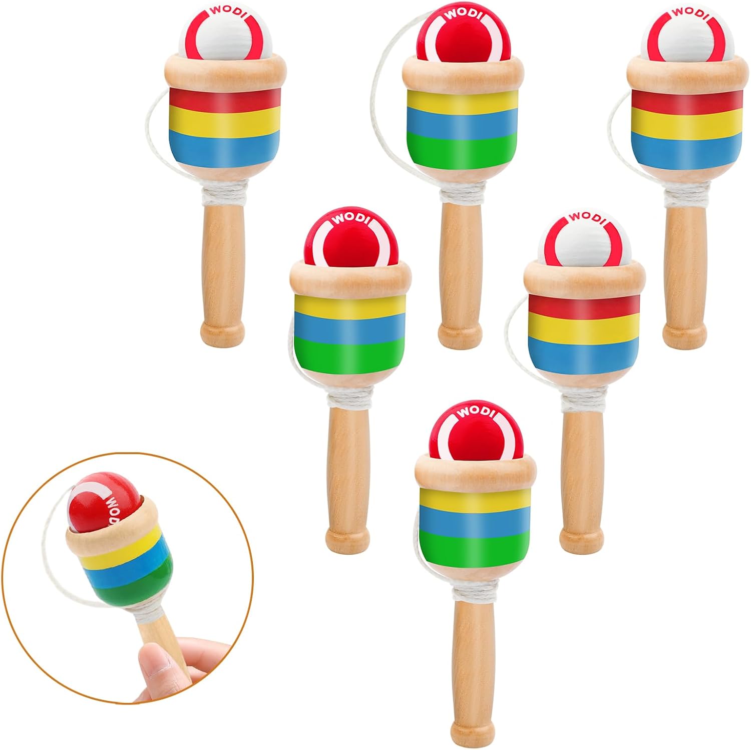 SAYAYA 3 Pieces Wooden Catch Ball, Paddle Balls with String Cup and Ball Game, Mini Wooden Vintage Hand Eye Coordination Education Supplies, Outdoor Camping Beach Party, White and Red - Image 6