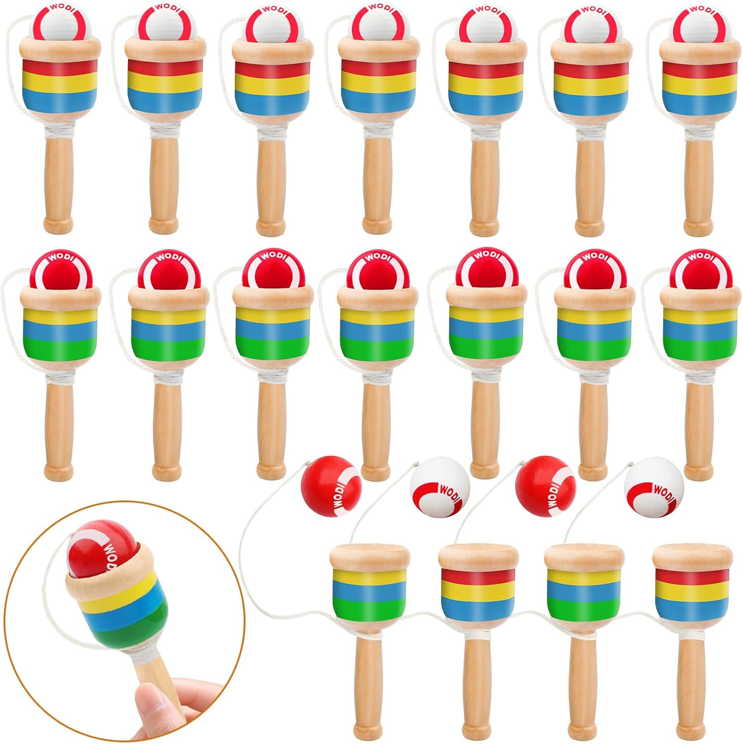 SAYAYA 3 Pieces Wooden Catch Ball, Paddle Balls with String Cup and Ball Game, Mini Wooden Vintage Hand Eye Coordination Education Supplies, Outdoor Camping Beach Party, White and Red - Image 7