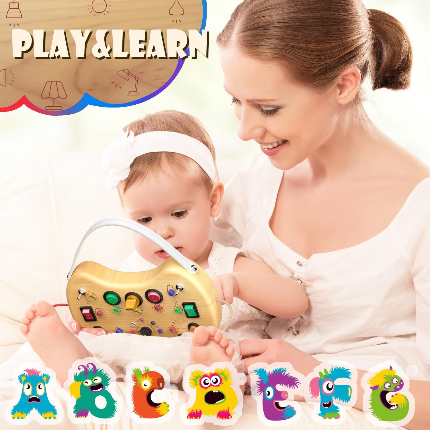 UdoUto Montessori Wooden Busy Board for Toddlers with LED Light Lights & Switches,Portable Activity Board for Car & Airplane Travel Toys, Christmas & Birthday Gift for 1-3 Year Old Boys & Girls