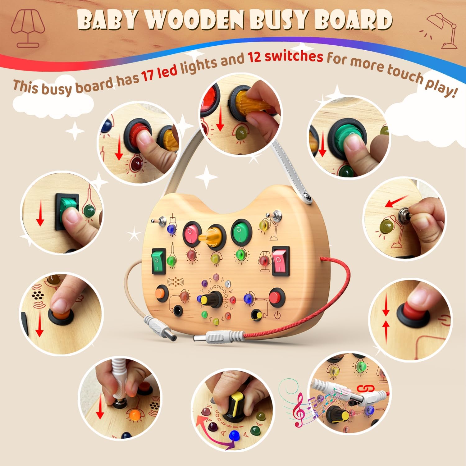 Alternative view of UdoUto Montessori Wooden Busy Board for Toddlers with LED Light Lights & Switches,Portable Activity Board for Car & Airplane Travel Toys, Christmas & Birthday Gift for 1-3 Year Old Boys & Girls