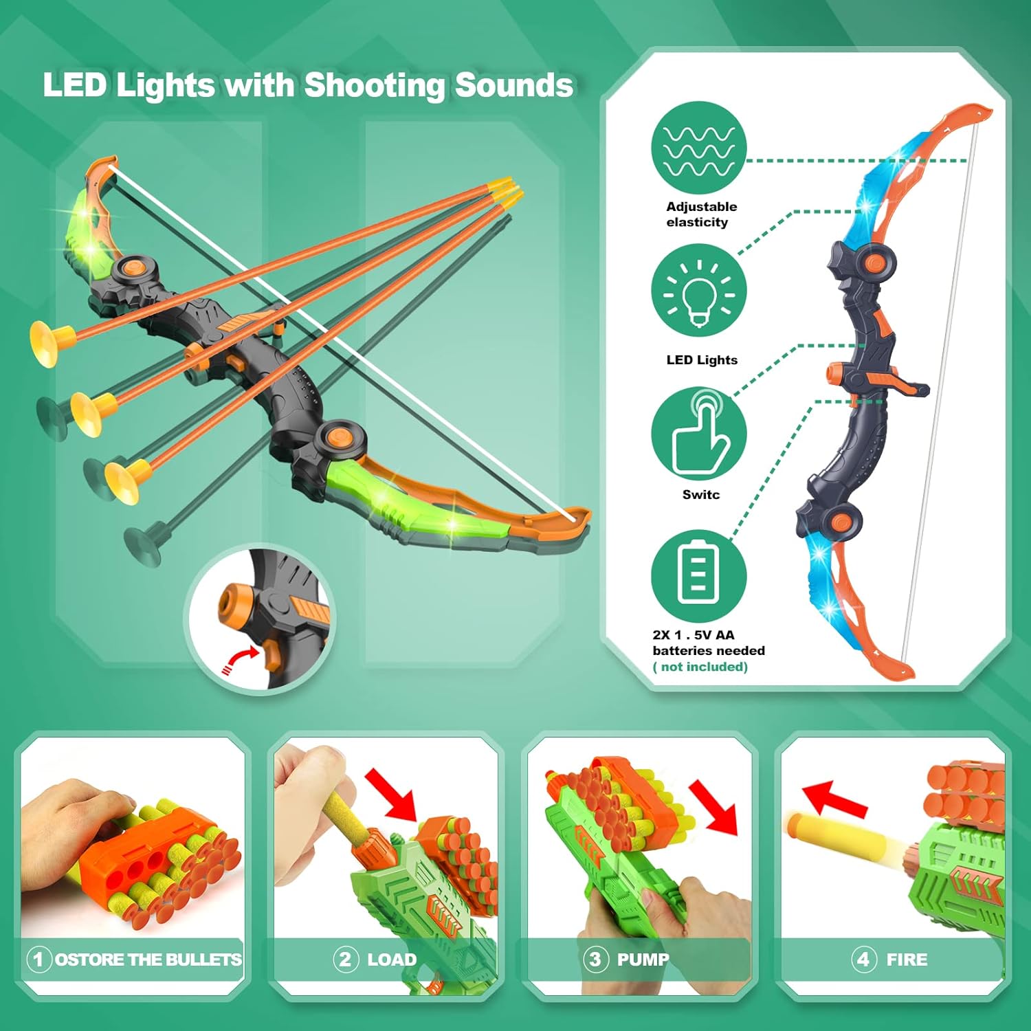 Alternative view of SpringFlower 2 Bow and Arrow Sets with LED Light-up,2 Foam Dart Guns for Kids 5 6 7 8 9 10+ Years Old, Archery Set with Standing Target for Boys & Girl, Ideal Gift
