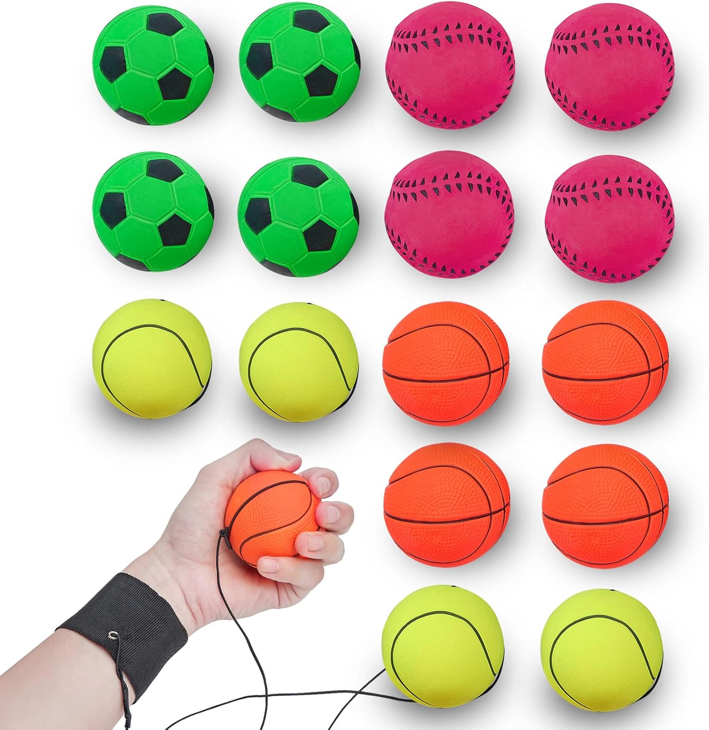 4/8/16 Pack 2.36 Inch Wrist Return Balls Wristband Ball Rubber Rebound Bouncy Sport Ball (Basketball, Baseball, Soccer,Tennis) on Elastic String Wrist Exercise or Play,Gift Toy for Kids Teens Adults - Image 8