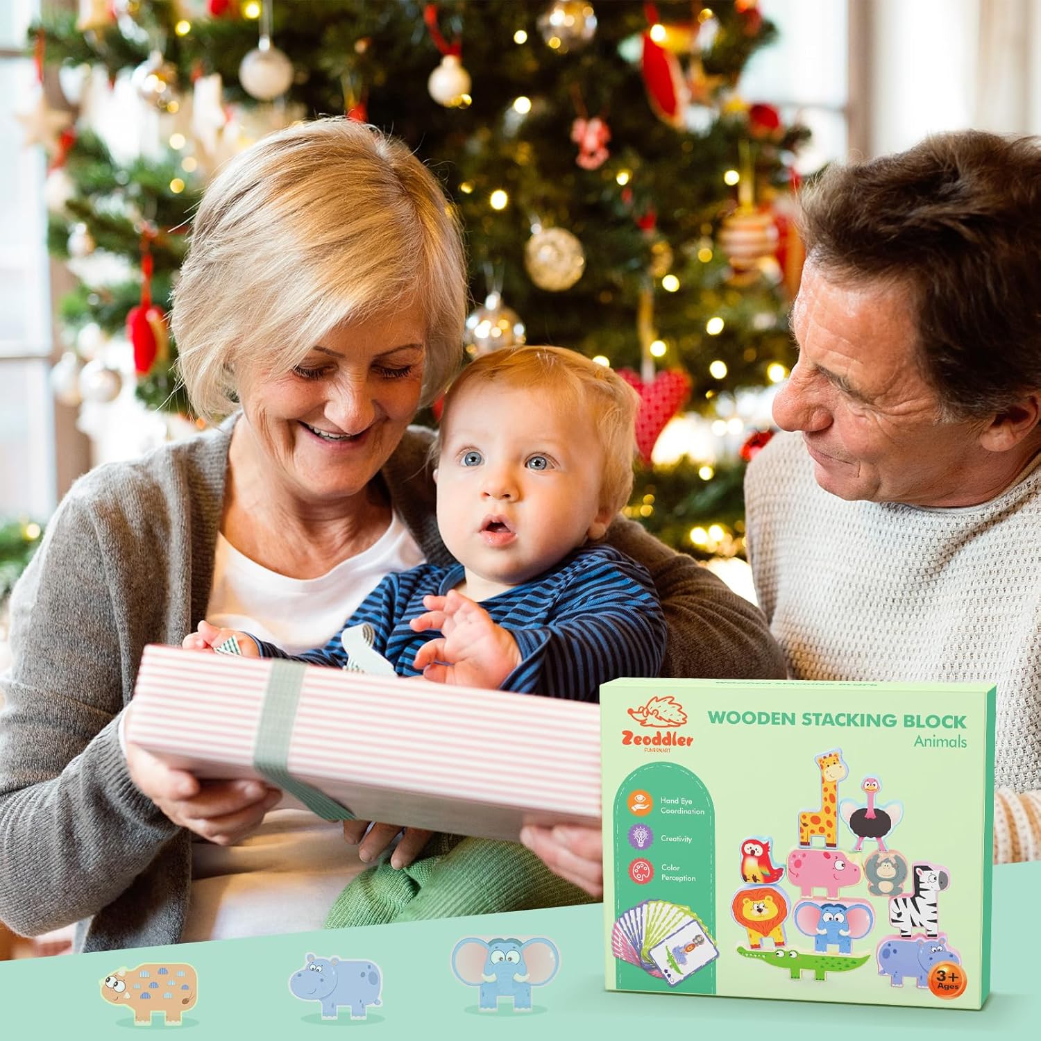 Zeoddler Montessori Toys for Toddlers, 10 Pack Wooden Animal Stacking Blocks, Sorting & Stacking Preschool Learning Activities, Gift for Boys, Girls