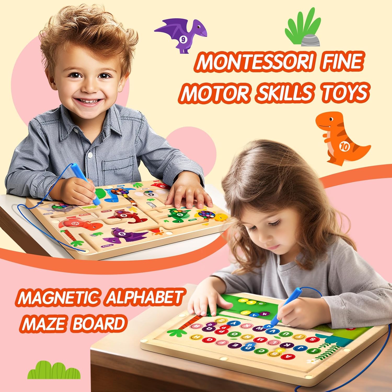 Alternative view of UMEREACT 2 in 1 Magnetic Color and Number Maze Double-Sided ABC Alphabet Puzzles Board Magnet Dinosaur Counting Maze Preschool Learning Montessori Education 3 4 5 Years Toys (Multicolored, One Size)