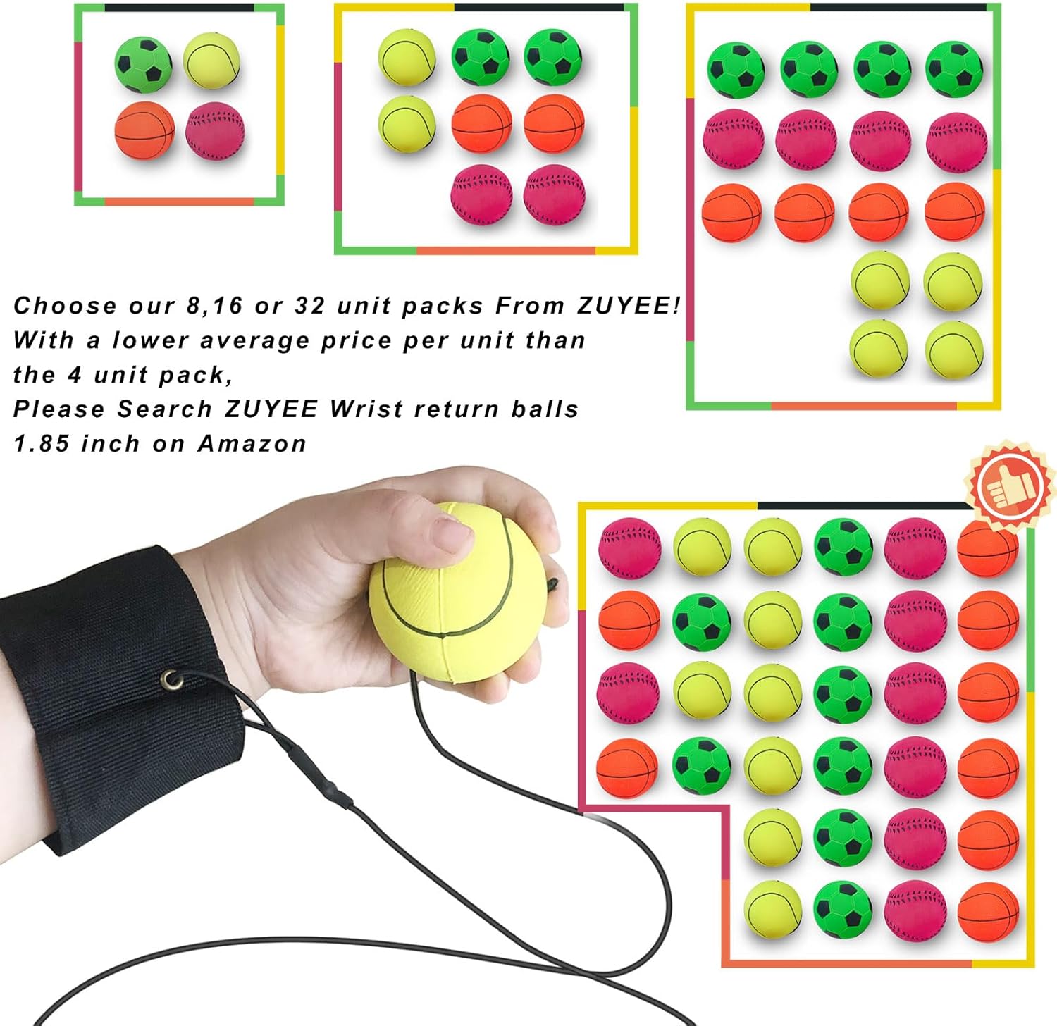 ZUYEE 4/8/16/32 Pack Wrist Return Ball 1.85 Inch Sports Wrist Balls On A String Rubber Rebound Balls (Basketball, Baseball, Soccer) Wristband Toy for Children Kids Gift Exercise or Play