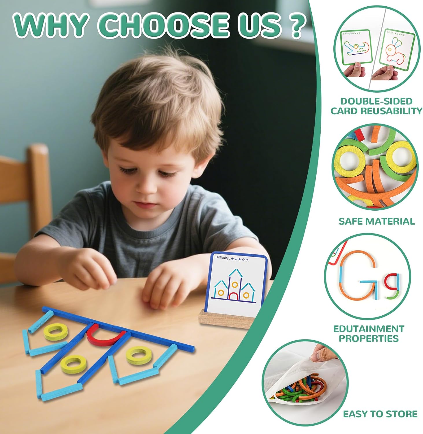 ISMETACU Montessori STEM Puzzle Toy for Kids Ages 3-6 u2013 Wooden Educational Manipulative for Fine Motor Skills, Shape & Color Matching, Creative Building Activity Set for Preschool & Kindergarten - Image 3