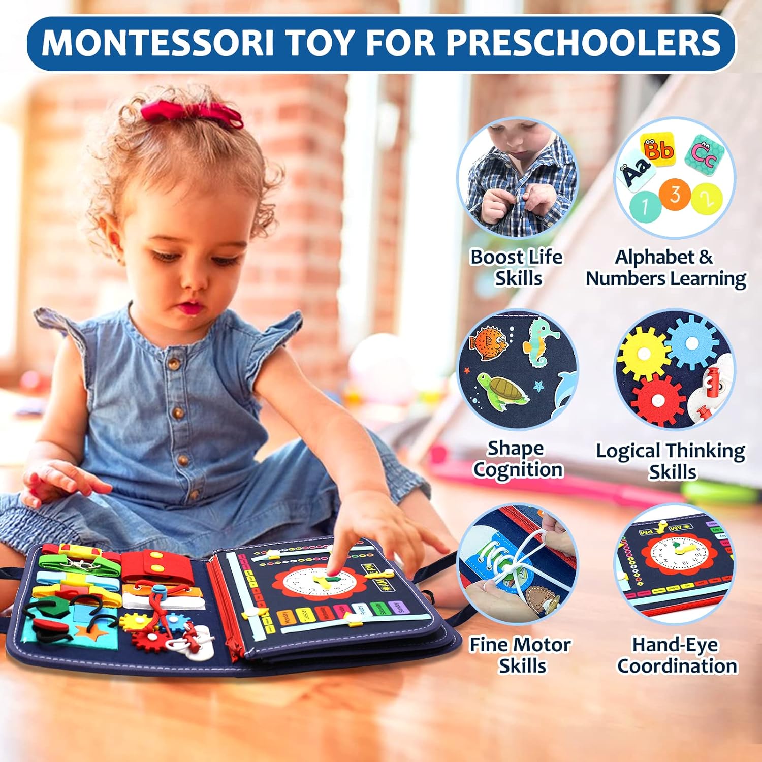 Qizfun Montessori Busy Board & Busy Book for Toddlers u2013 Sensory & Learning Toy That Keeps Kids Busy, Travel Toy for Airplane & Car, Screen for Boys & Girls (Blue/P4)