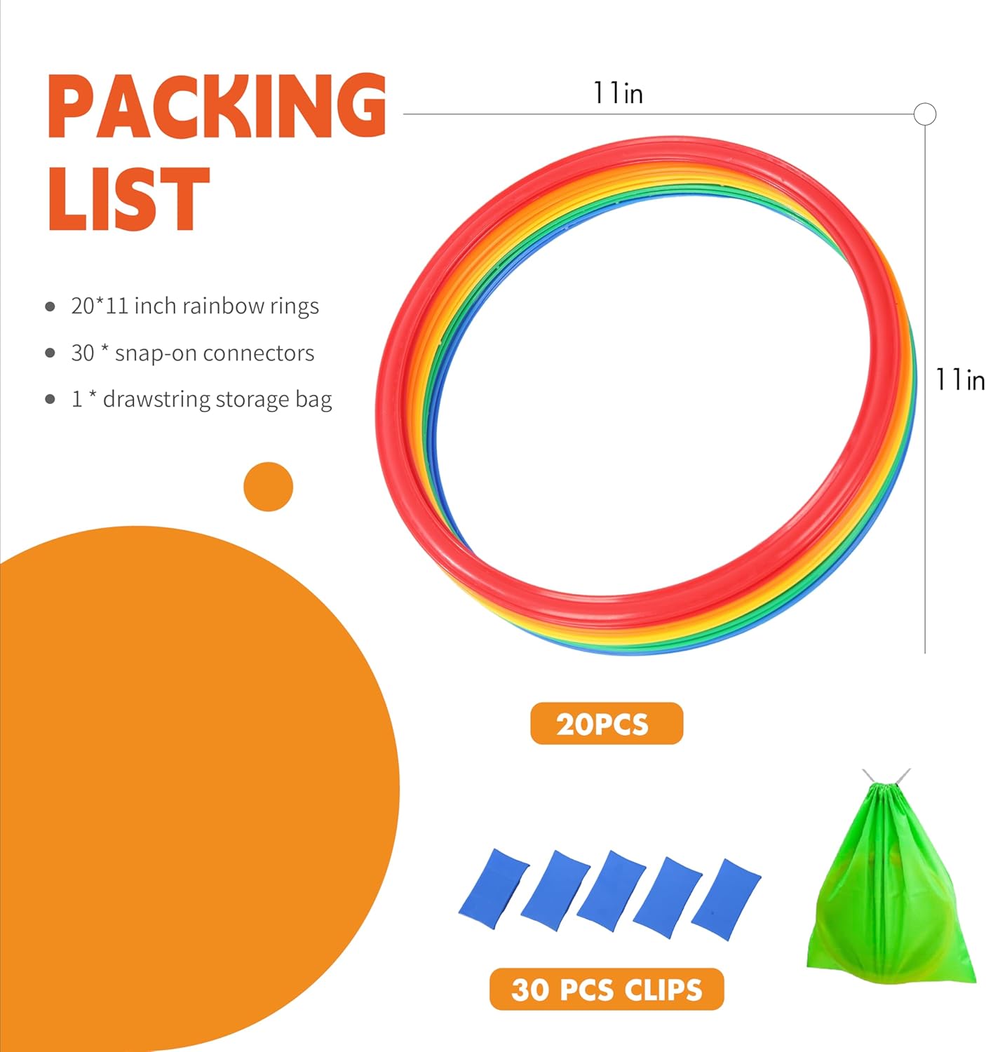 Oranmew Hopscotch Rings, 2-Set u2013 20 Round Hoops (11-inch) + 30 Connectors, Agility Rings for Kids, Builds Gross Motor Skills, Preschool & Kindergarten PE, Indoor/Outdoor Playground Obstacle Course
