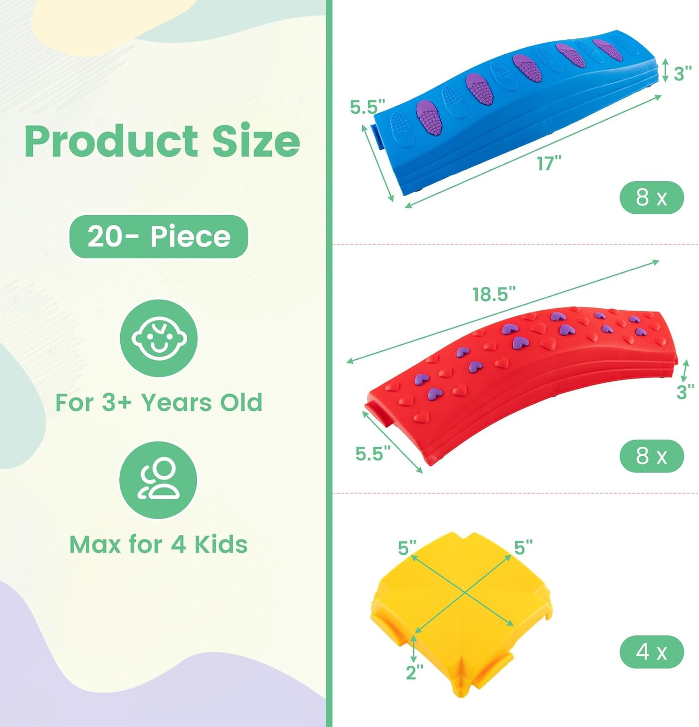 Alternative view of INFANS Kids Balance Beam Stepping Stones Set, 20 PCS Montessori Obstacle Course for Toddler Indoor Outdoor, Non Slip Rubber Base, Gymnastics Toy, Build Coordination Gross Motor Skills (Rainbow)