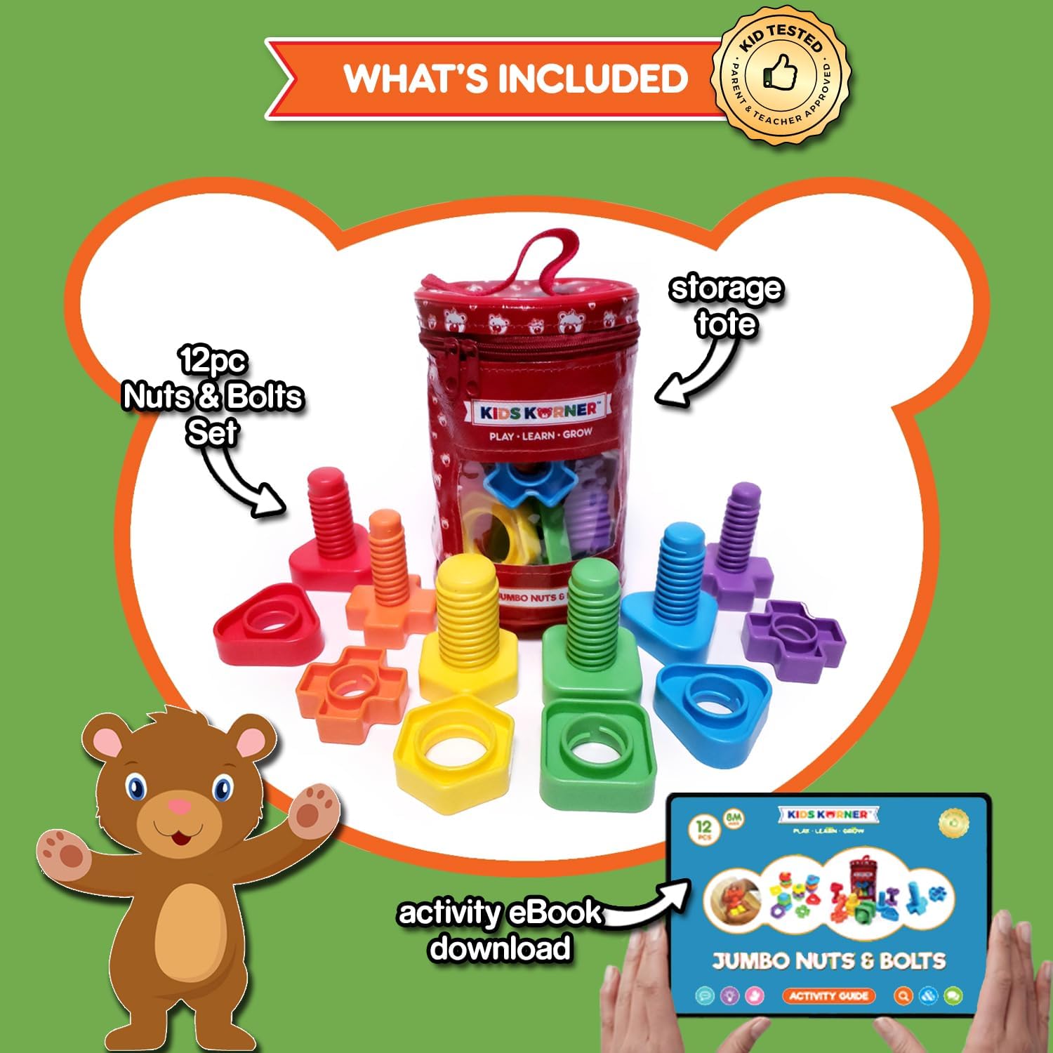 Alternative view of Jumbo Nuts and Bolts For Toddlers - Fine Motor Skills Rainbow Matching Game Montessori Toys For Toddlers & Toddler Games | 12 pc Occupational Therapy Educational Toys with Toy Storage + eBook