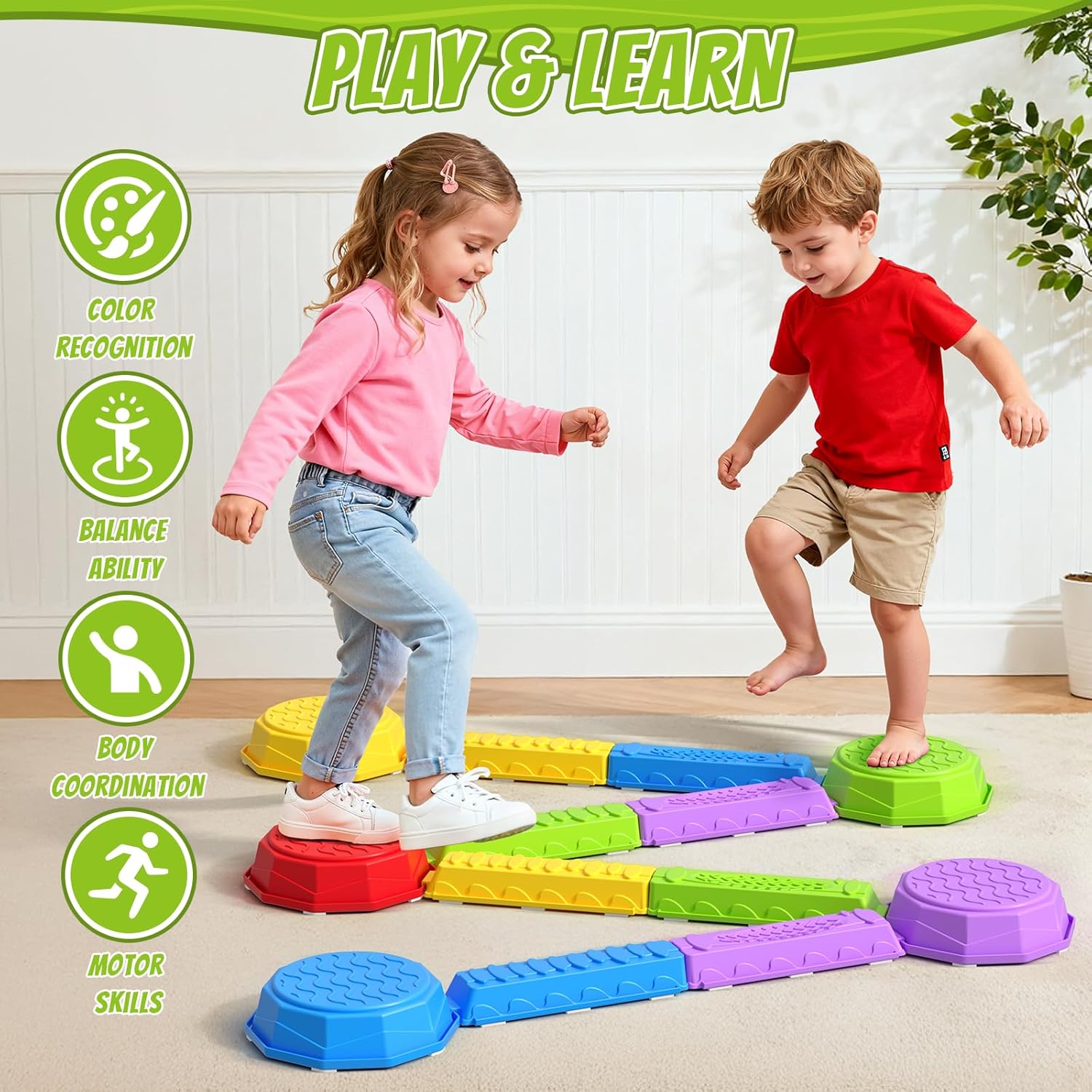 HYES Balance Beams Stepping Stones for Kids, Obstacle Courses Sensory Toys for Toddlers, Non-slip Jumping Step Stones Balance Beam Indoor & Outdoor Play Games Birthday Gifts for Boys Girls 3-5