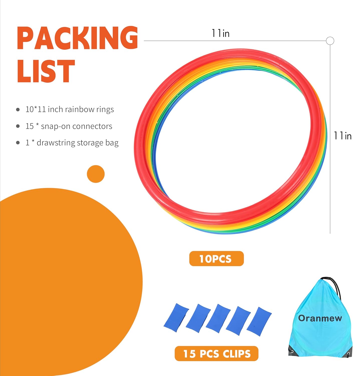 Oranmew Hopscotch Rings, 1-Set u2013 10 Round Hoops (11-inch) + 15 Connectors, Agility Rings for Kids, Builds Gross Motor Skills, Preschool & Kindergarten PE, Indoor/Outdoor Playground Obstacle Course