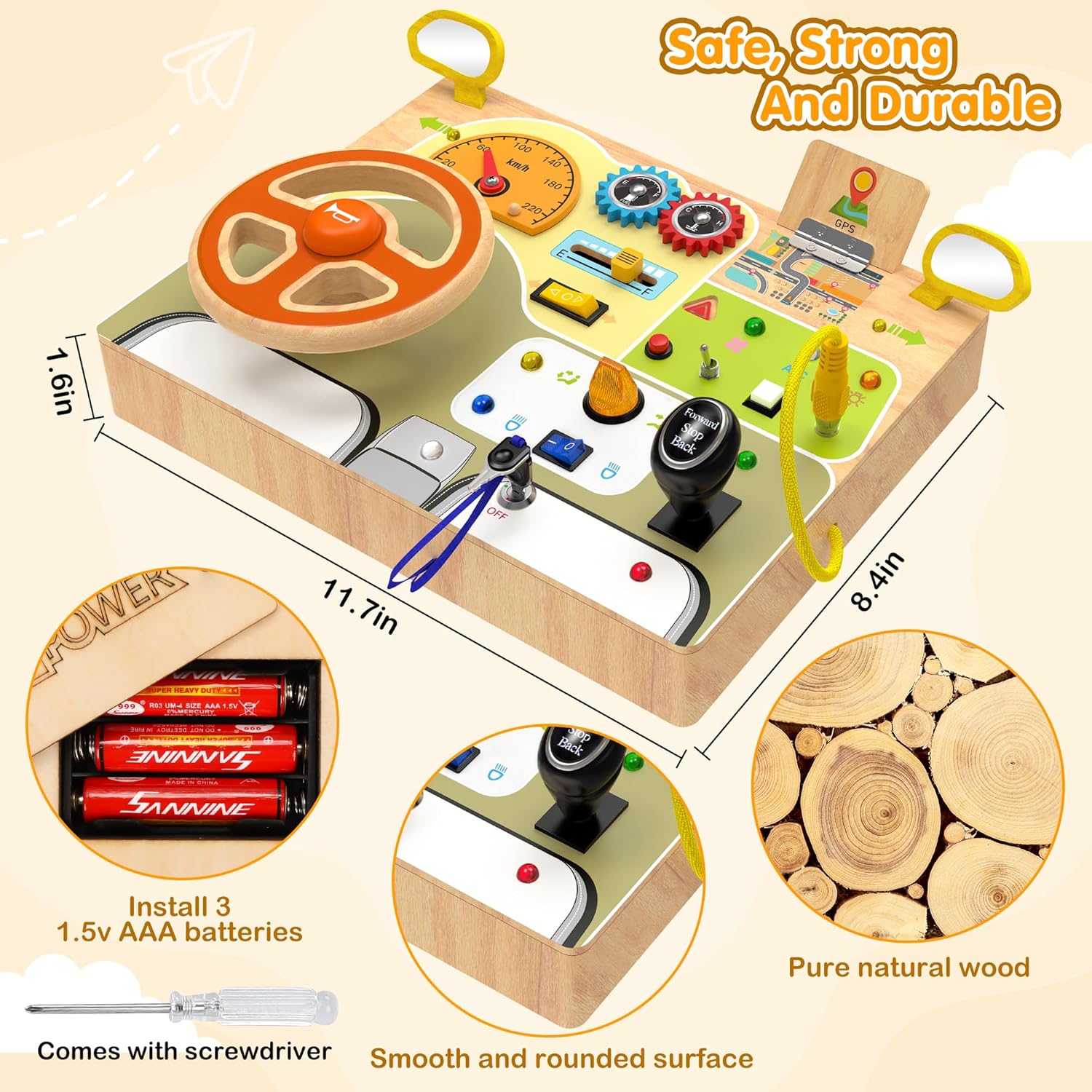 JGOBUB Montessori Toddler Toys - Baby Wooden Busy Board - Sensory Toys with Light Switch - Travel Toys for Educational Toddler Activities for Toddlers 1 2 3 4+ Year Old