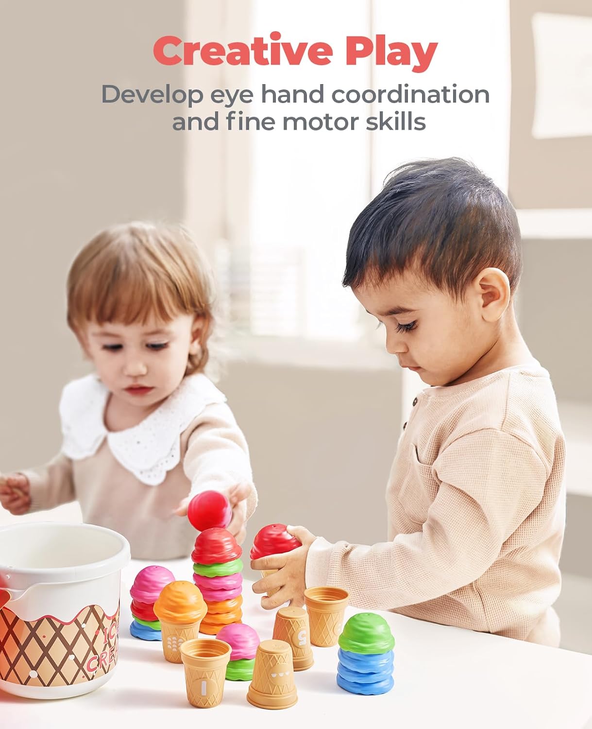 JoyCat Ice Cream Preschool Learning Activities Counting and Color Sorting Set Stacking Toy for Kids 1-5, Educational Fine Motor Skill Math Manipulative, 30PCS Play Food for Girl Toddler Valentine Gift