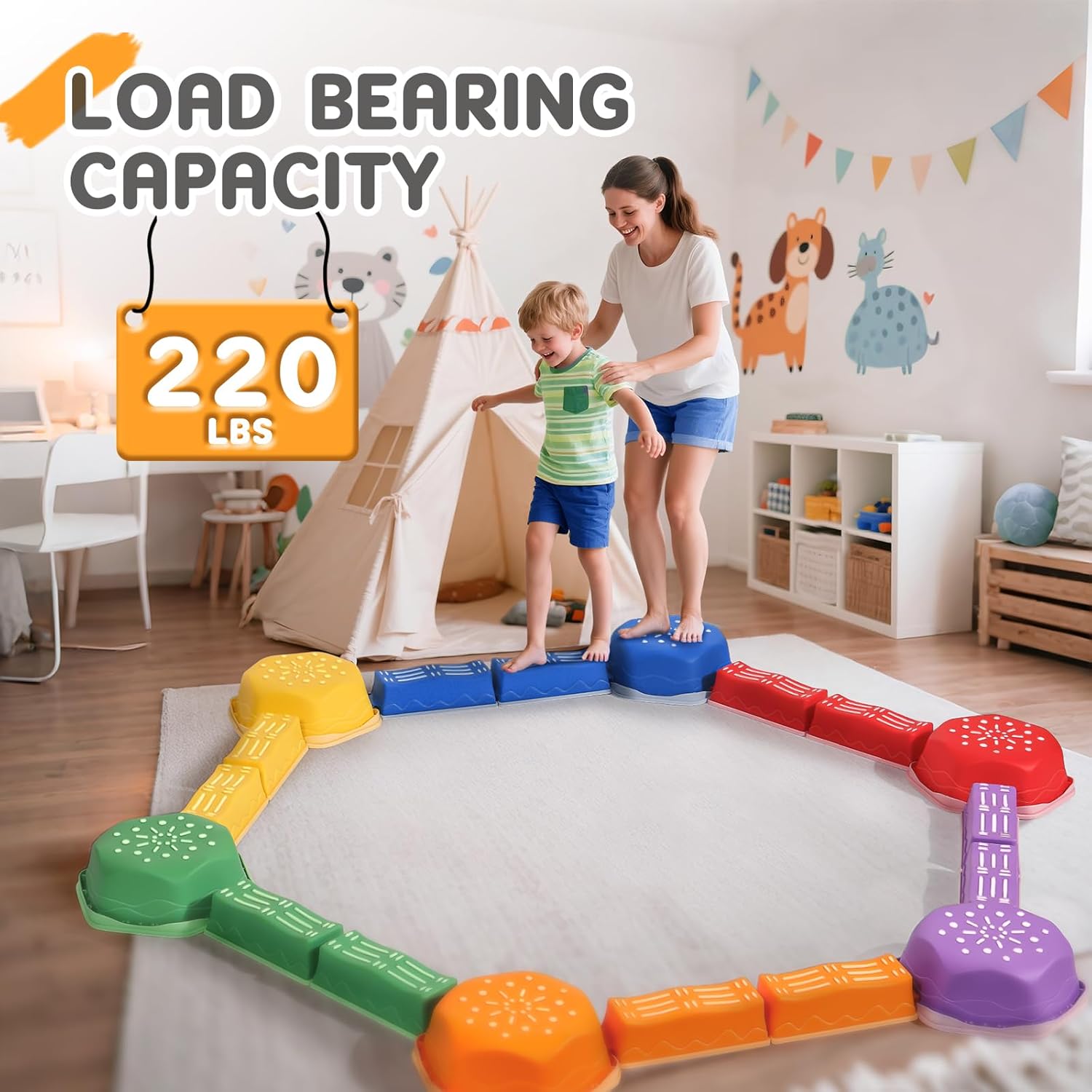 HappyField 18 Pieces Non-Slip Balance Beam Stepping Stones for Kids 3 Years + Stackable Obstacle Course Balance Board for Toddlers Thicken Plastic Hold up 220LBS Indoor Outdoor Sensory Toy