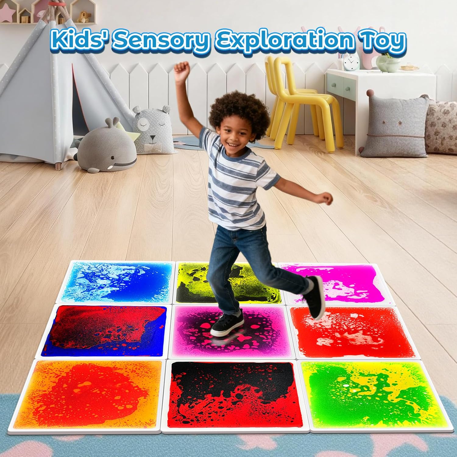 Onyoloy Sensory Floor Tiles 9PCS - Liquid Play Mats for Kids Toddlers (3-7Y), Non-Toxic Lava Tiles for Home & Classroom, Waterproof Colorful Sensory Toys for Autism, Gross Motor Development
