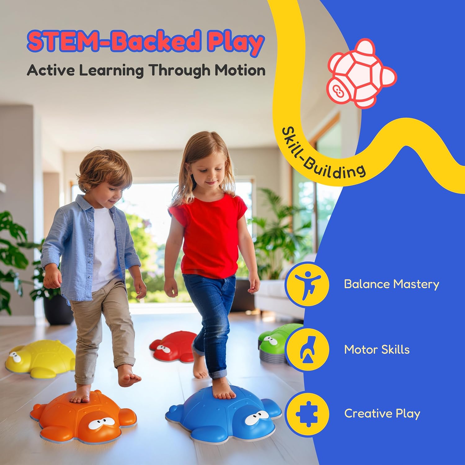 Alternative view of Kinderific Stepping Stones for Kids, Turtle Shape, 6-Piece Set, Non-Slip Indoor/Outdoor Sensory Balance & Coordination Toy for Toddlers Ages 3+, Multicolor