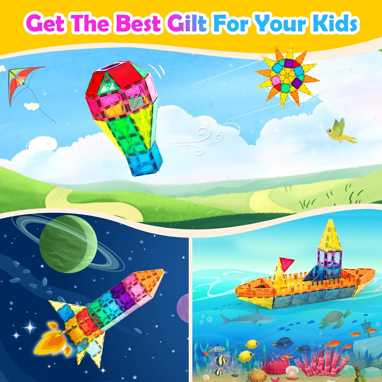 Anbalulu Magnetic Tiles 100PCS with 2 Cars, STEM Educational Building Blocks for Kids Ages 3-9, Magnet Construction Toys Gift for Toddlers - Image 4