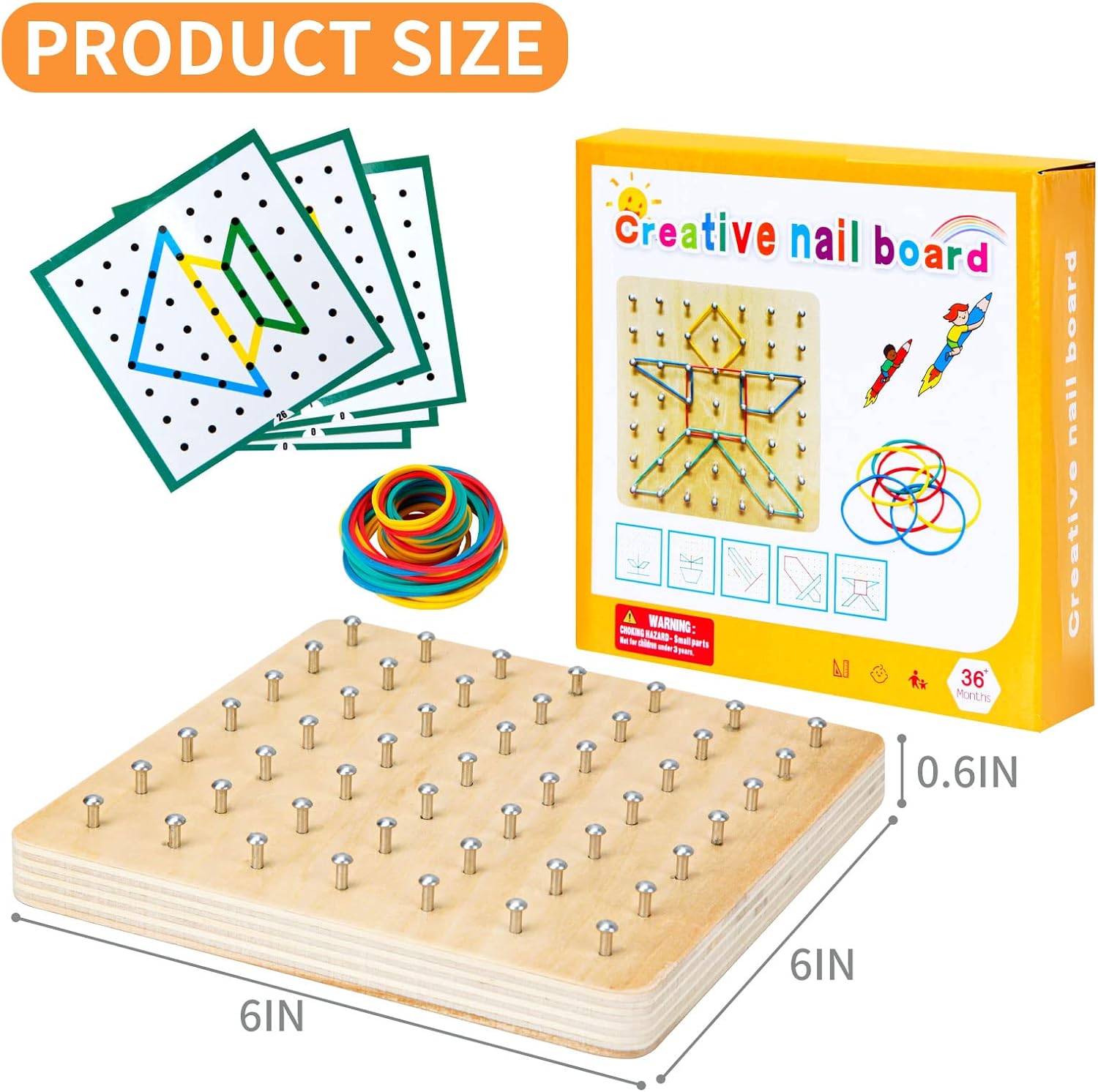 Alternative view of HEELWIRE Wooden Geoboard,Montessori Toy,Graphical Mathematical Education Toy for Kids with Pattern Cards and Rubber Bands to Figures and Shapes, Brain Teaser STEM Toy Geo Board (6 * 6 * 0.6 in)