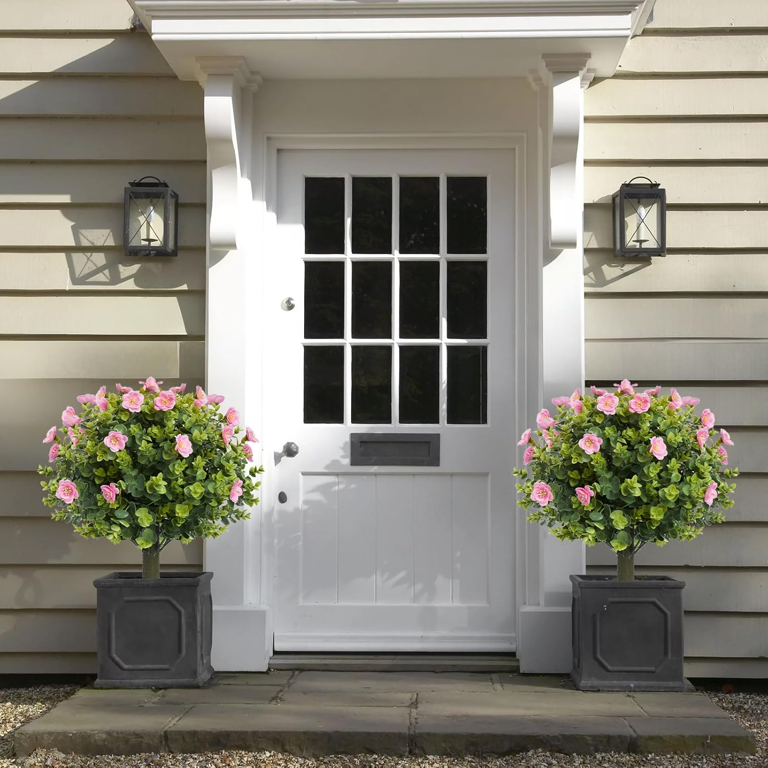 MGWILL 20" Artificial Camellia Topiary Ball Tree with Spike, Artificial Boxwood Shrubs Fake Bushes Set of 2, Faux Floral Flower Plant for Porch, Artificial Plants for Outdoor Indoor UV Resistant