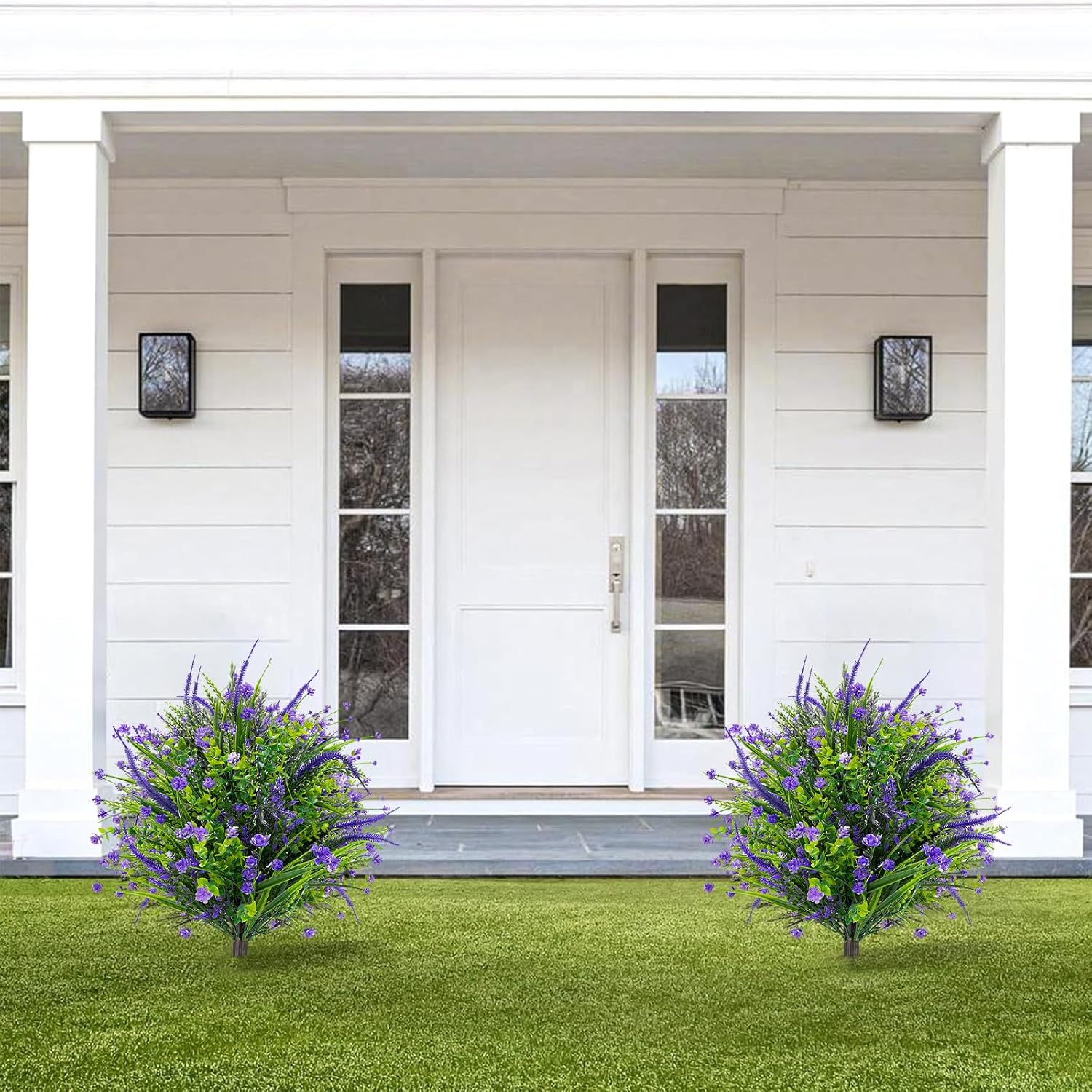 Artificial Boxwood Topiary Ball Trees with Ground Spikes UV Resistant Faux Greenery Shrubs Fake Shrubs for Outdoors, Realistic Faux Plants Bushes for Garden Porch Yard Patio Decor (Purple Flower)